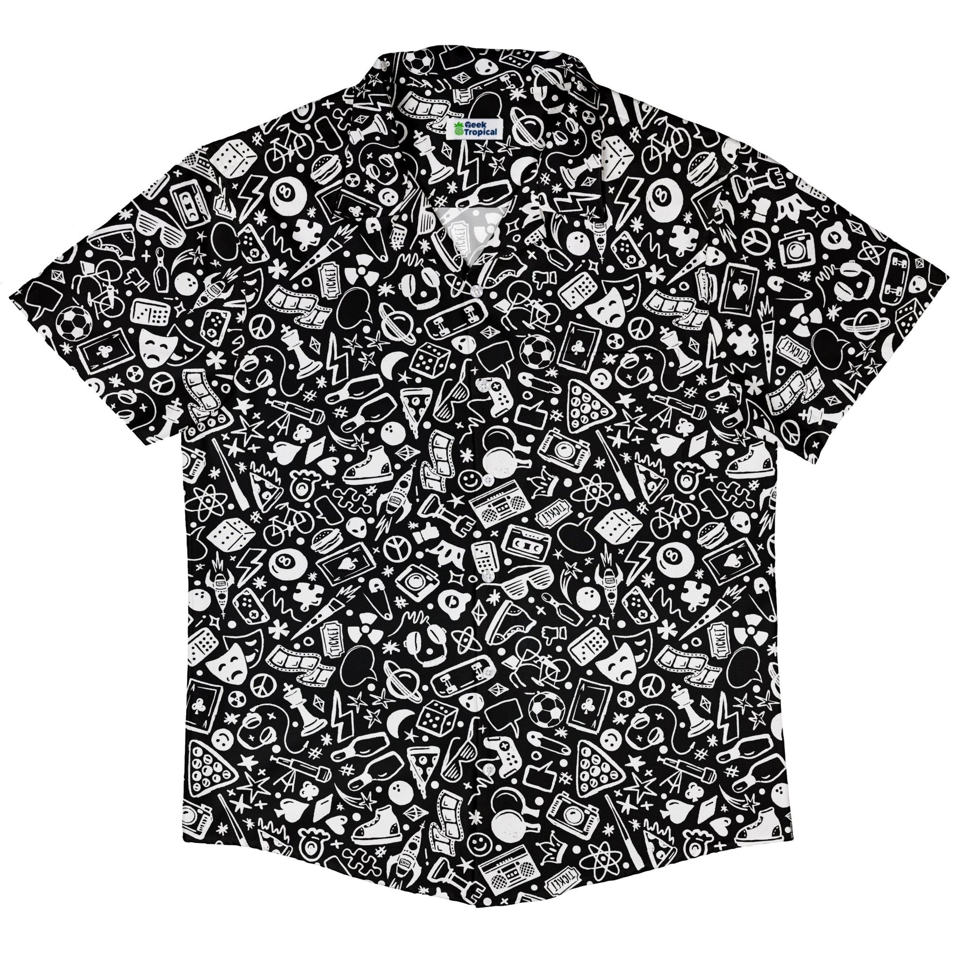 Nerdy Doodles Black Button Up Shirt Geek Nerd adult sizing board game print Design by Zirkus Design