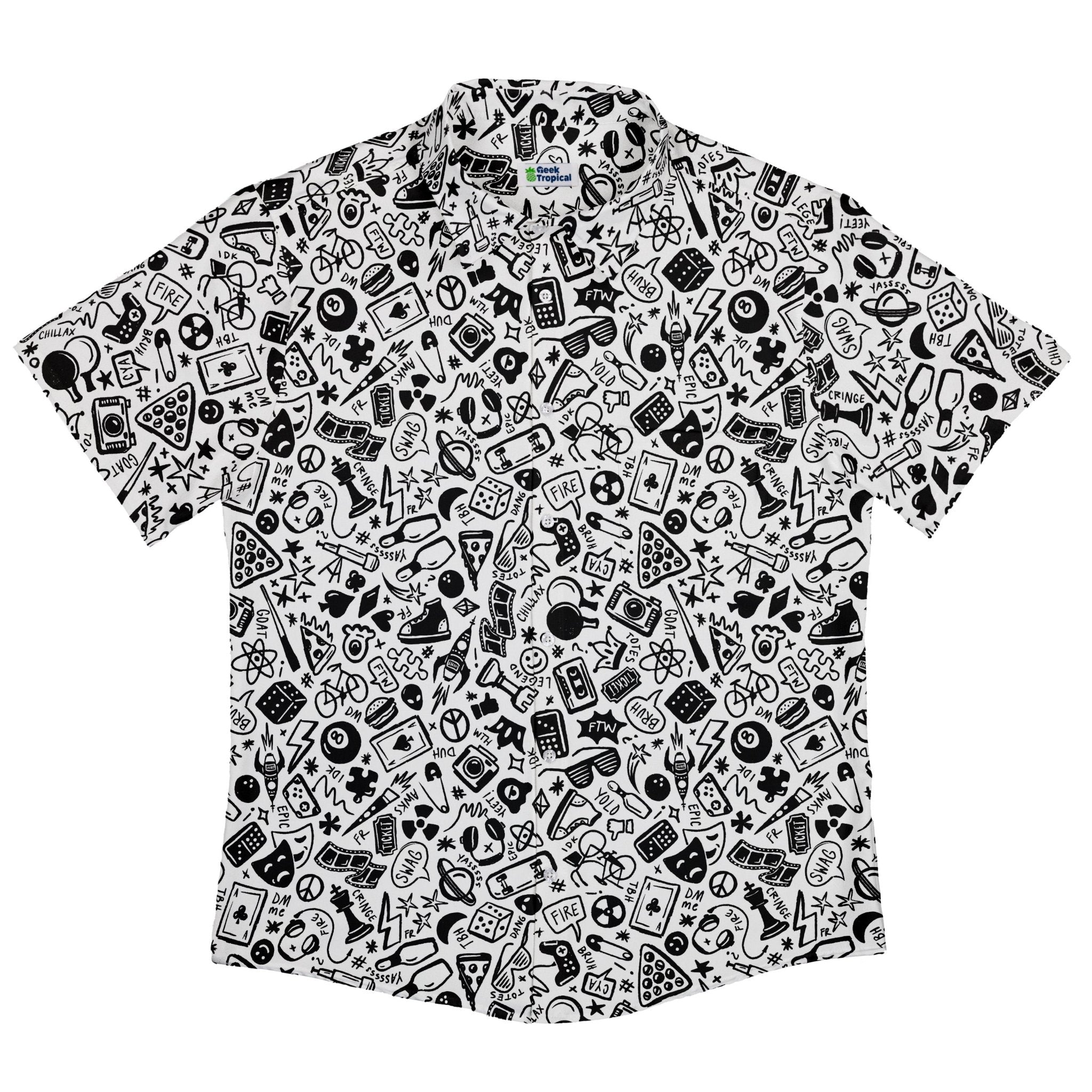 Nerdy Doodles Swag Button Up Shirt Geek Nerd adult sizing board game print Design by Zirkus Design