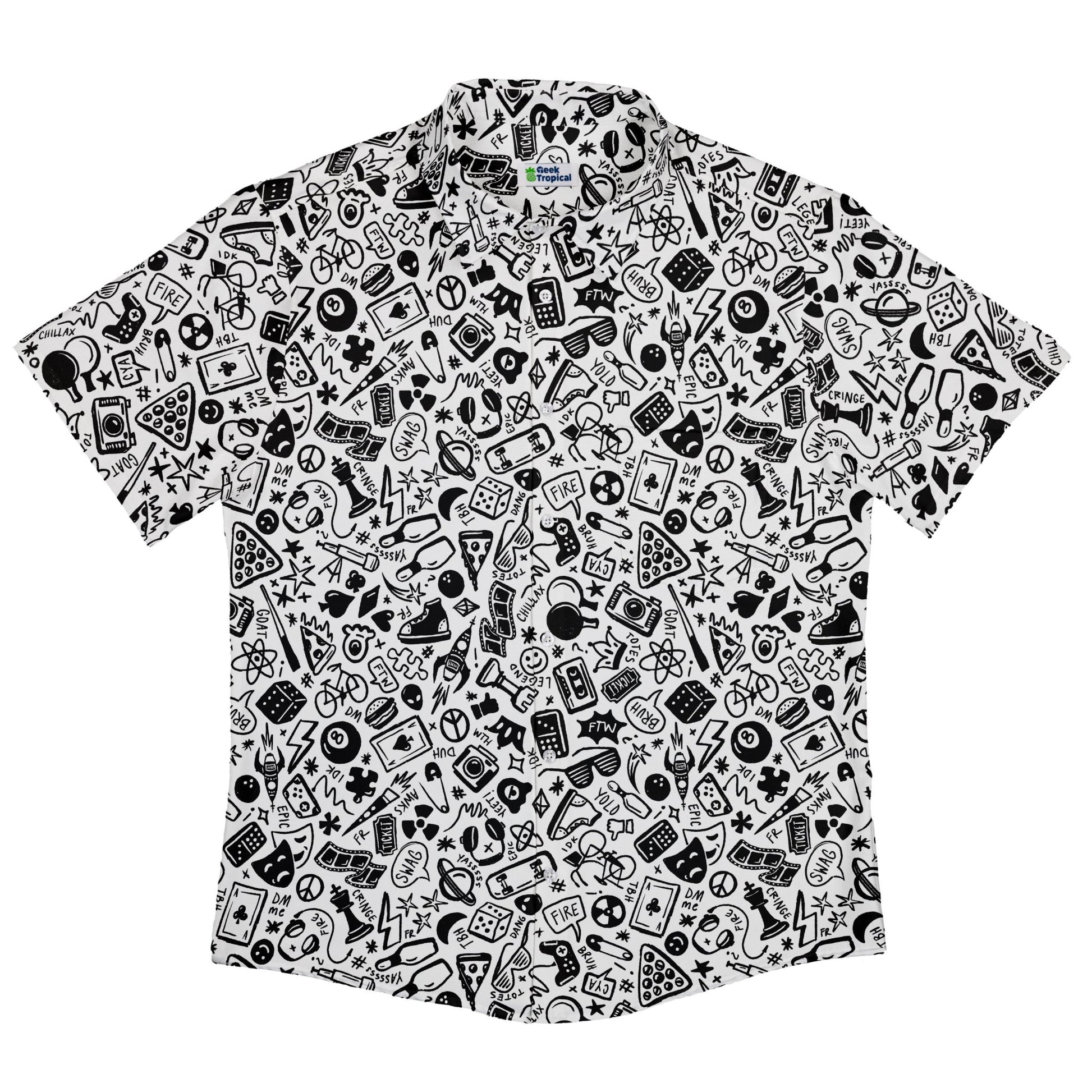 Nerdy Doodles Swag Button Up Shirt Geek Nerd adult sizing board game print Design by Zirkus Design