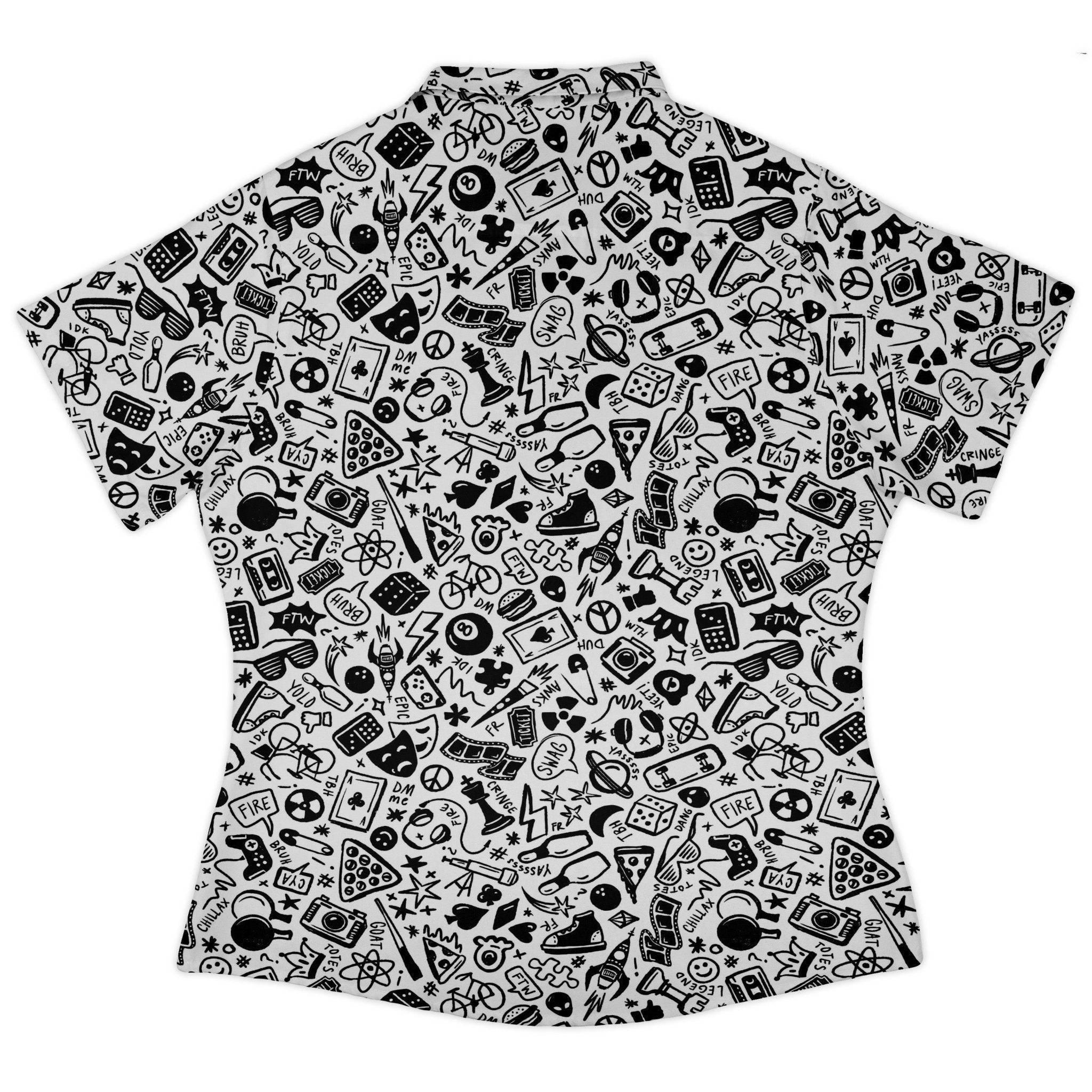 Nerdy Doodles Swag Curvy Button Up Shirt Geek Nerd board game print Design by Zirkus Design dnd & rpg print