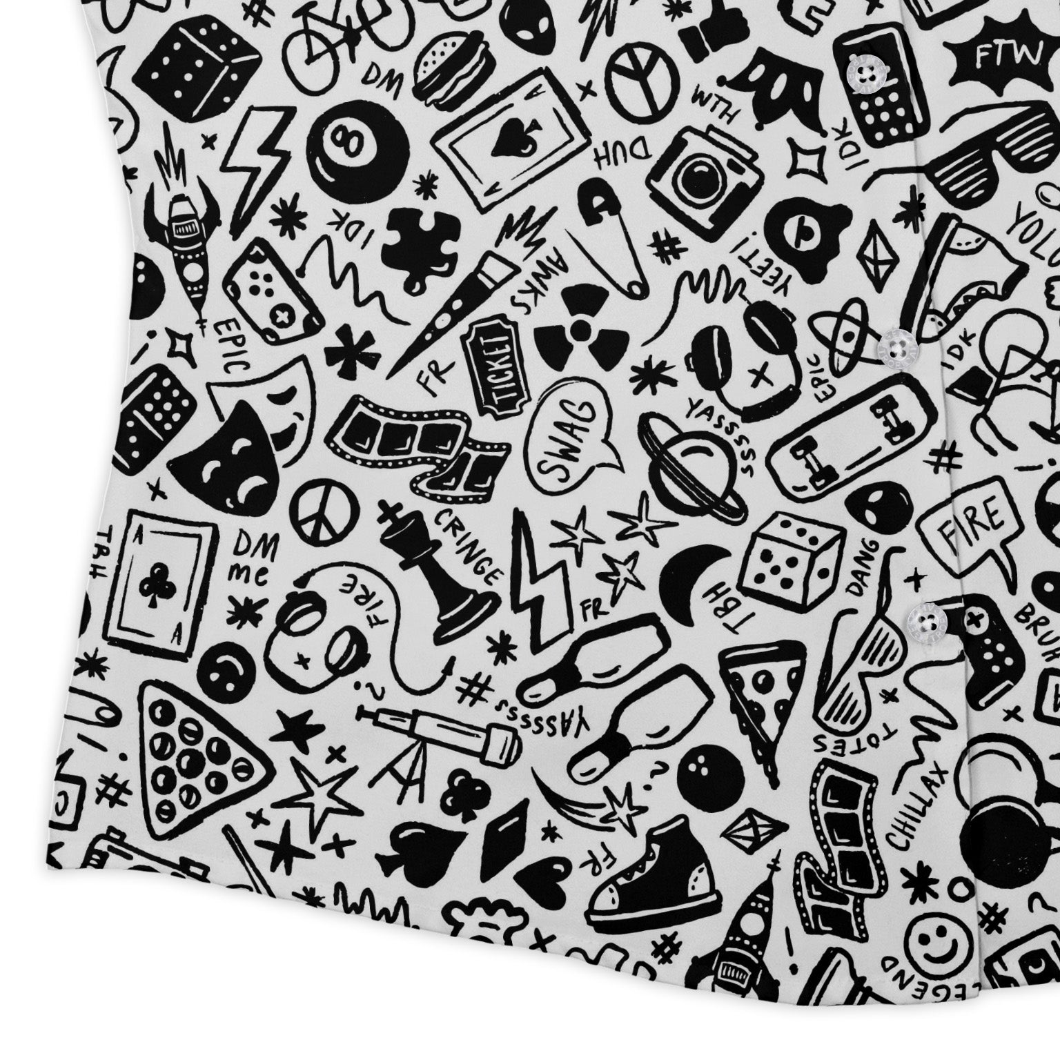 Nerdy Doodles Swag Curvy Button Up Shirt Geek Nerd board game print Design by Zirkus Design dnd & rpg print