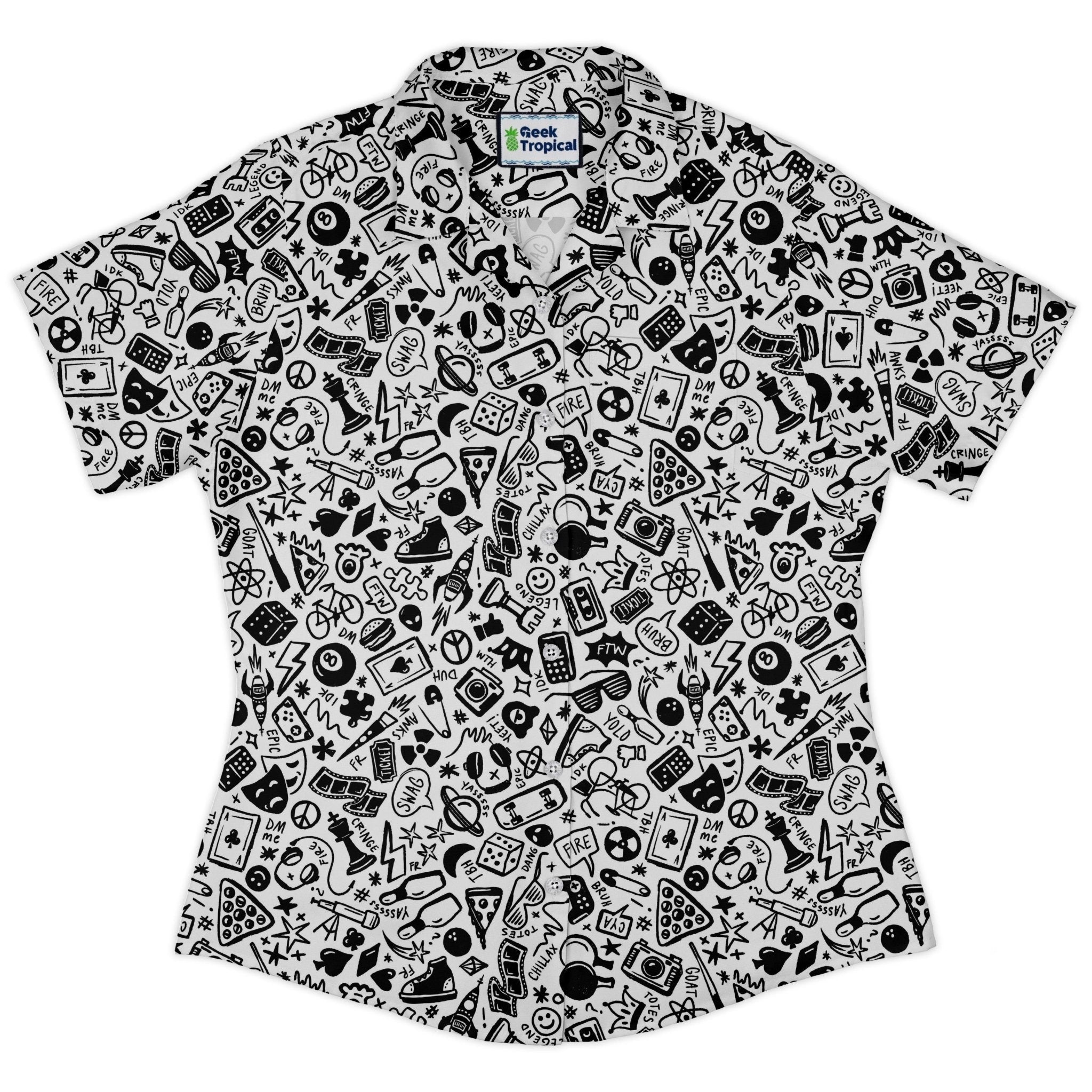 Nerdy Doodles Swag Curvy Button Up Shirt Geek Nerd board game print Design by Zirkus Design dnd & rpg print