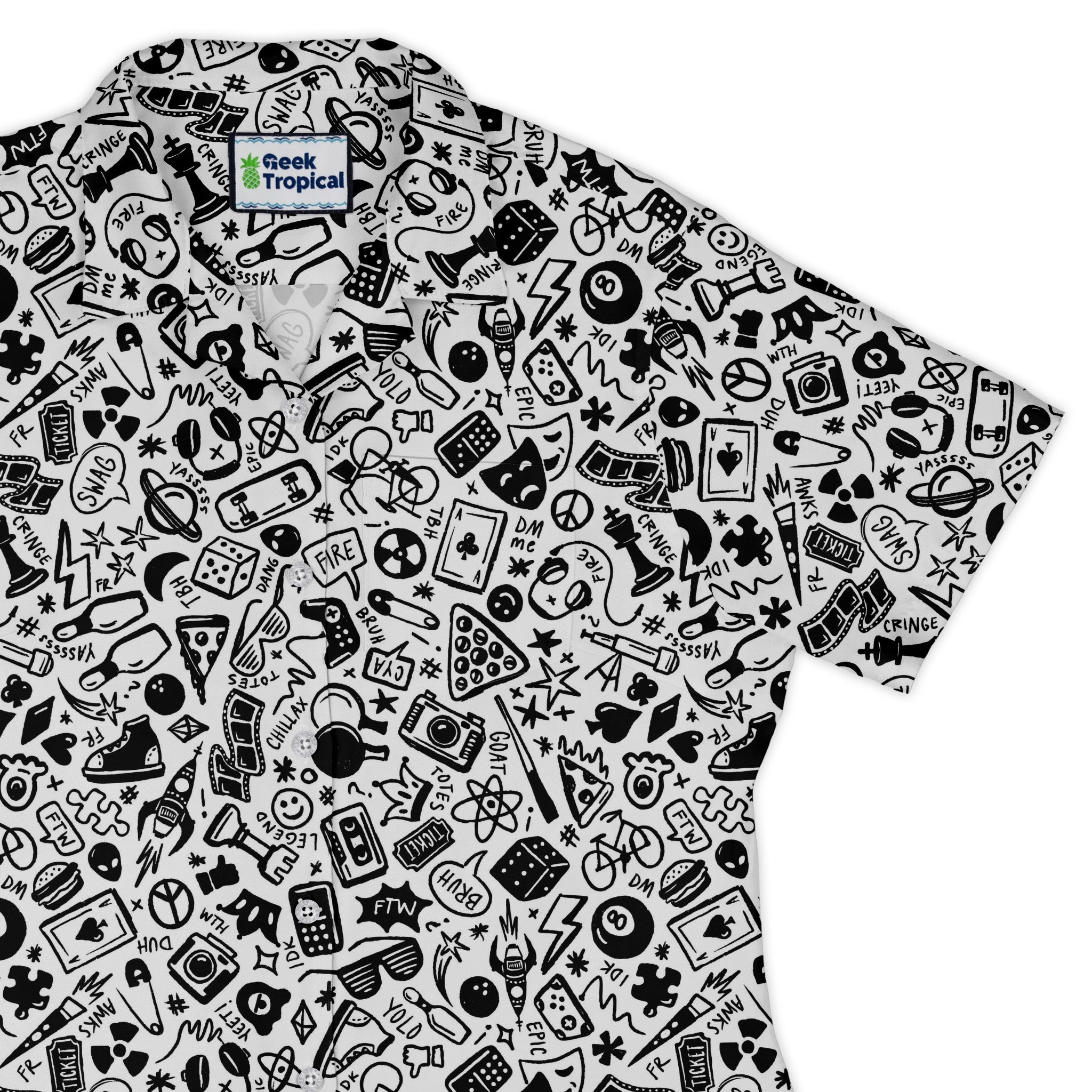 Nerdy Doodles Swag Curvy Button Up Shirt Geek Nerd board game print Design by Zirkus Design dnd & rpg print