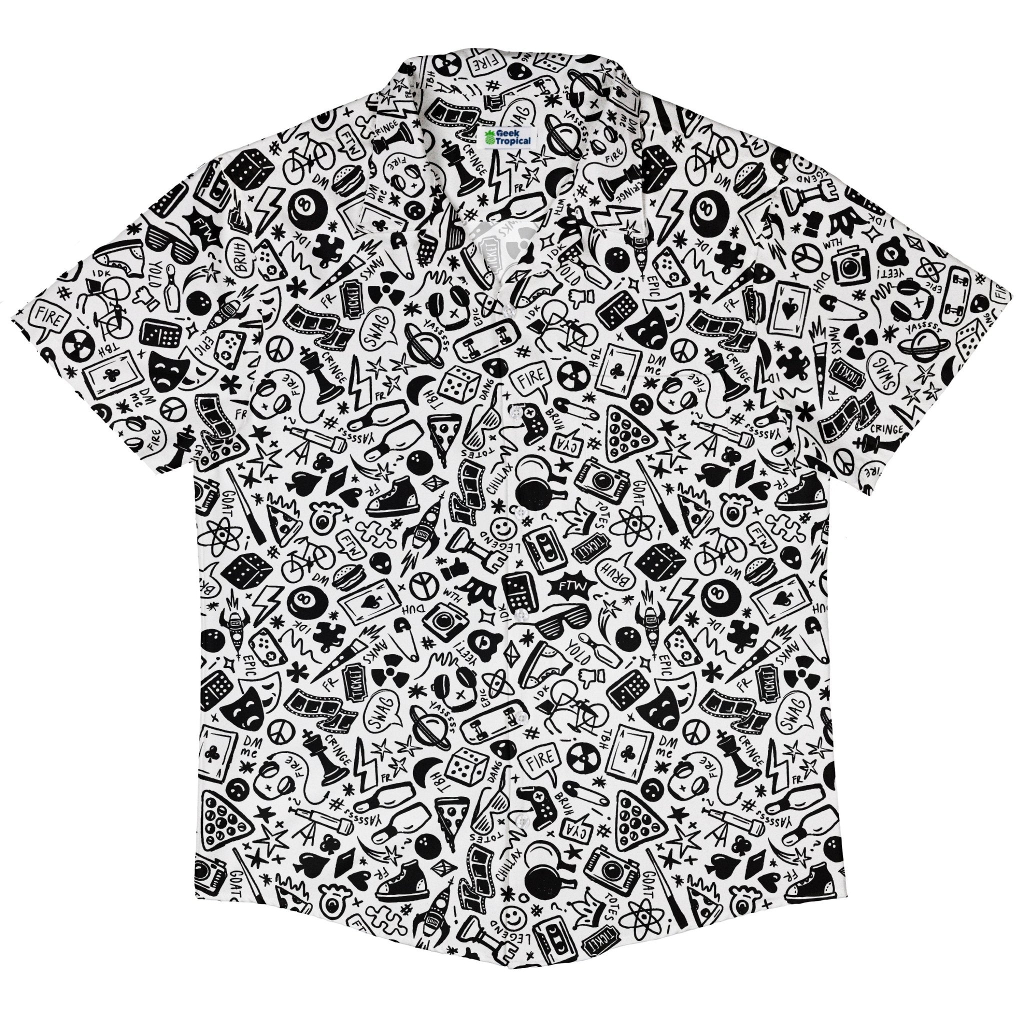 Nerdy Doodles Swag Button Up Shirt Geek Nerd adult sizing board game print Design by Zirkus Design