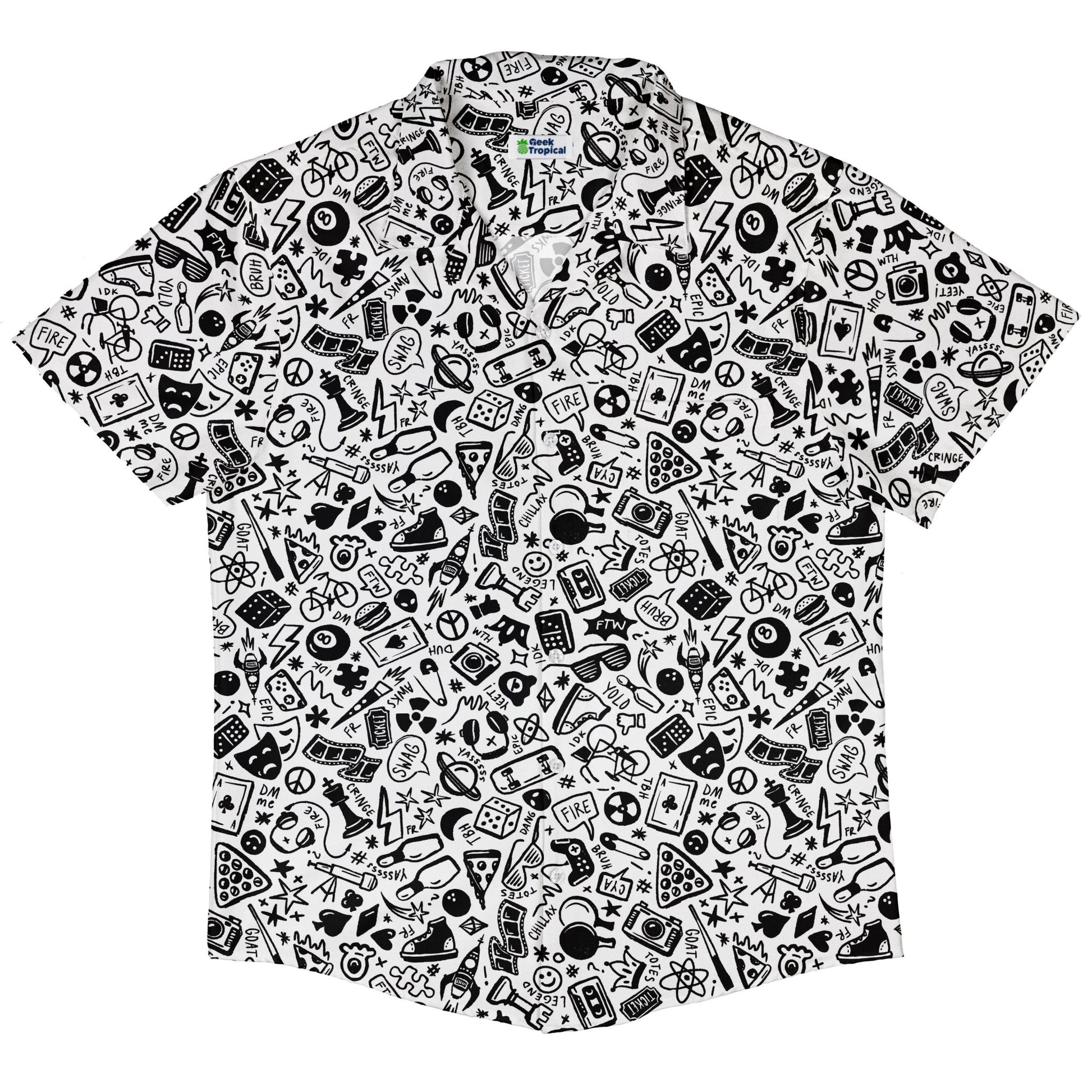 Nerdy Doodles Swag Button Up Shirt Geek Nerd adult sizing board game print Design by Zirkus Design