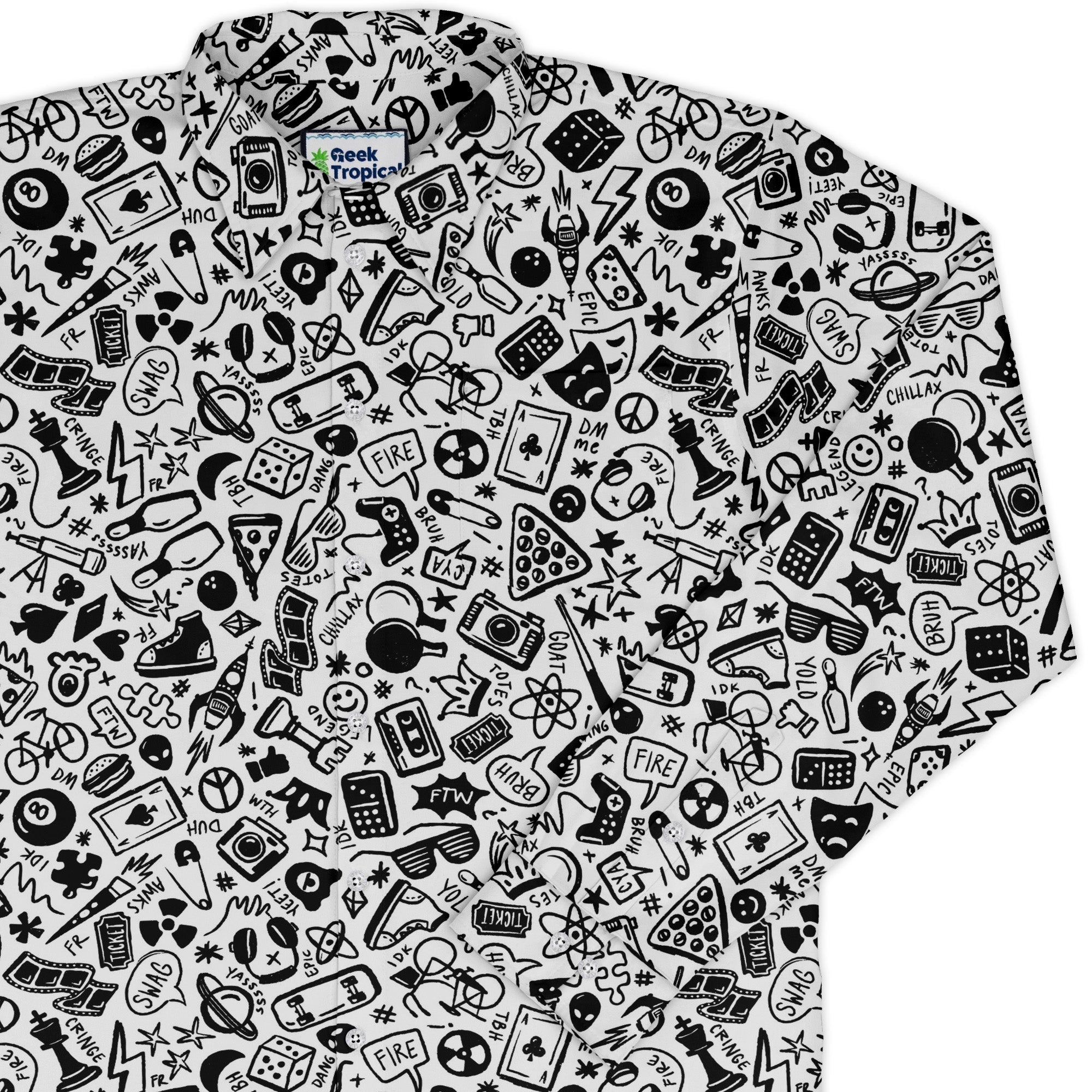 Nerdy Doodles Swag Long Sleeve Button Up Shirt Geek Nerd adult sizing board game print Design by Zirkus Design