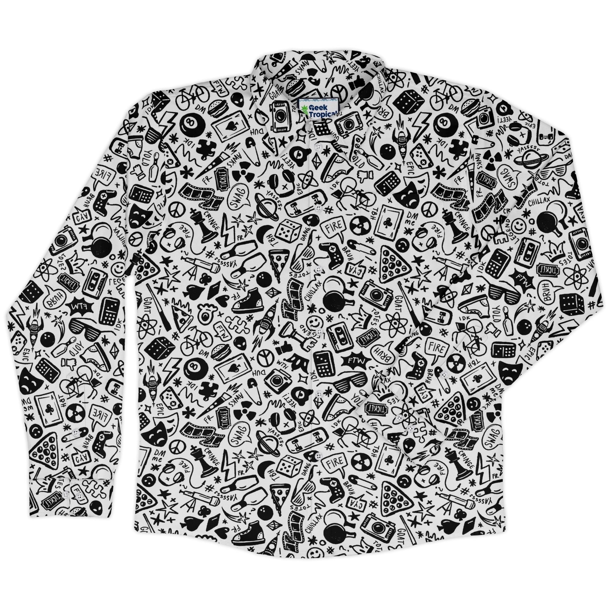 Nerdy Doodles Swag Long Sleeve Button Up Shirt Geek Nerd adult sizing board game print Design by Zirkus Design
