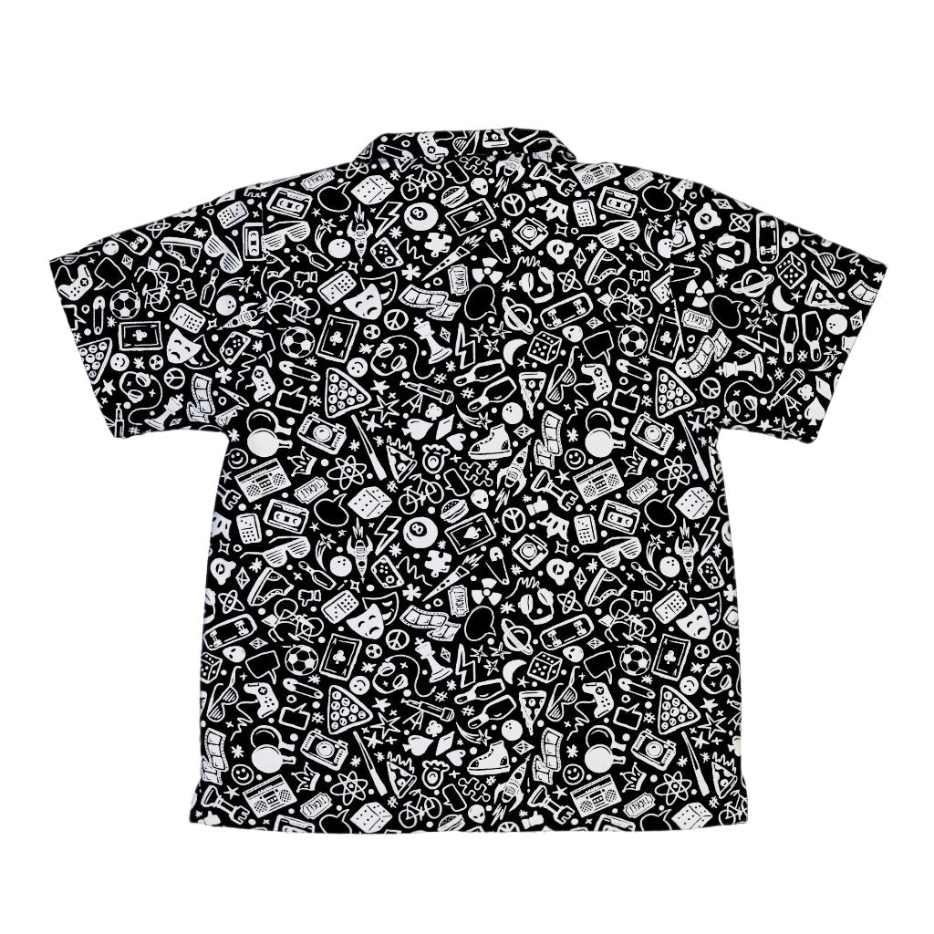 Nerdy Doodles Black Youth Hawaiian Shirt Geek Nerd board game print Design by Zirkus Design dnd & rpg print