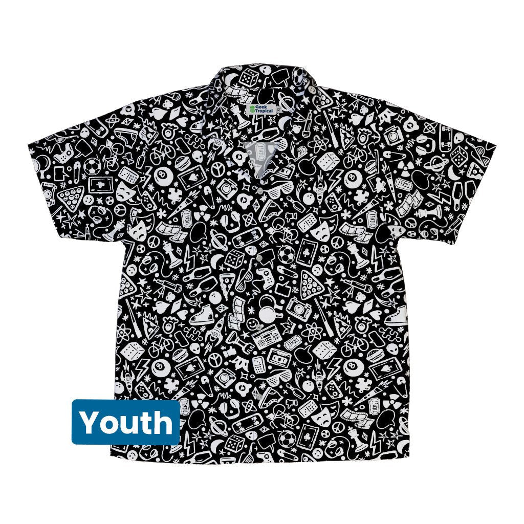 Nerdy Doodles Black Youth Hawaiian Shirt Geek Nerd board game print Design by Zirkus Design dnd & rpg print