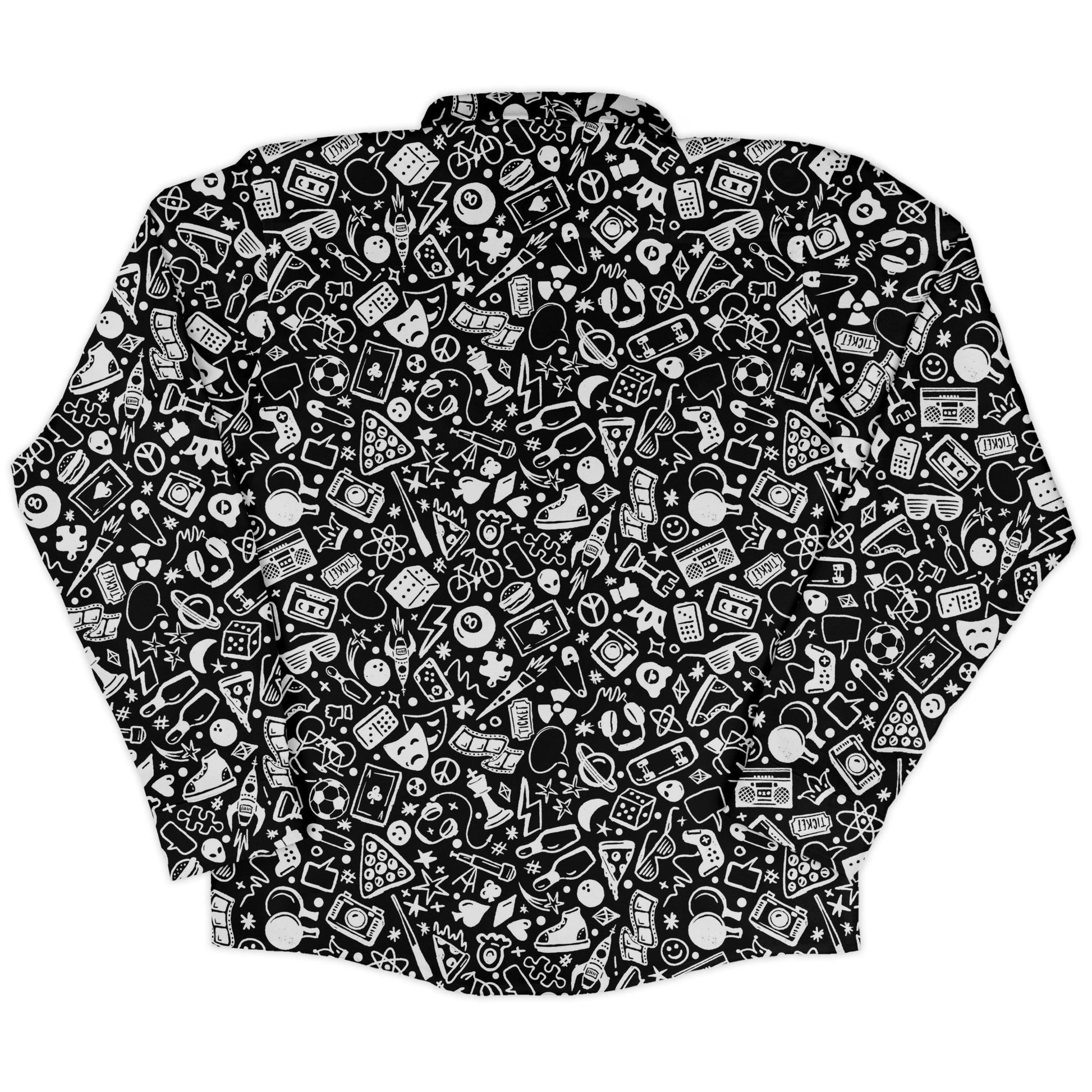 Nerdy Doodles Black Long Sleeve Button Up Shirt Geek Nerd adult sizing board game print Design by Zirkus Design