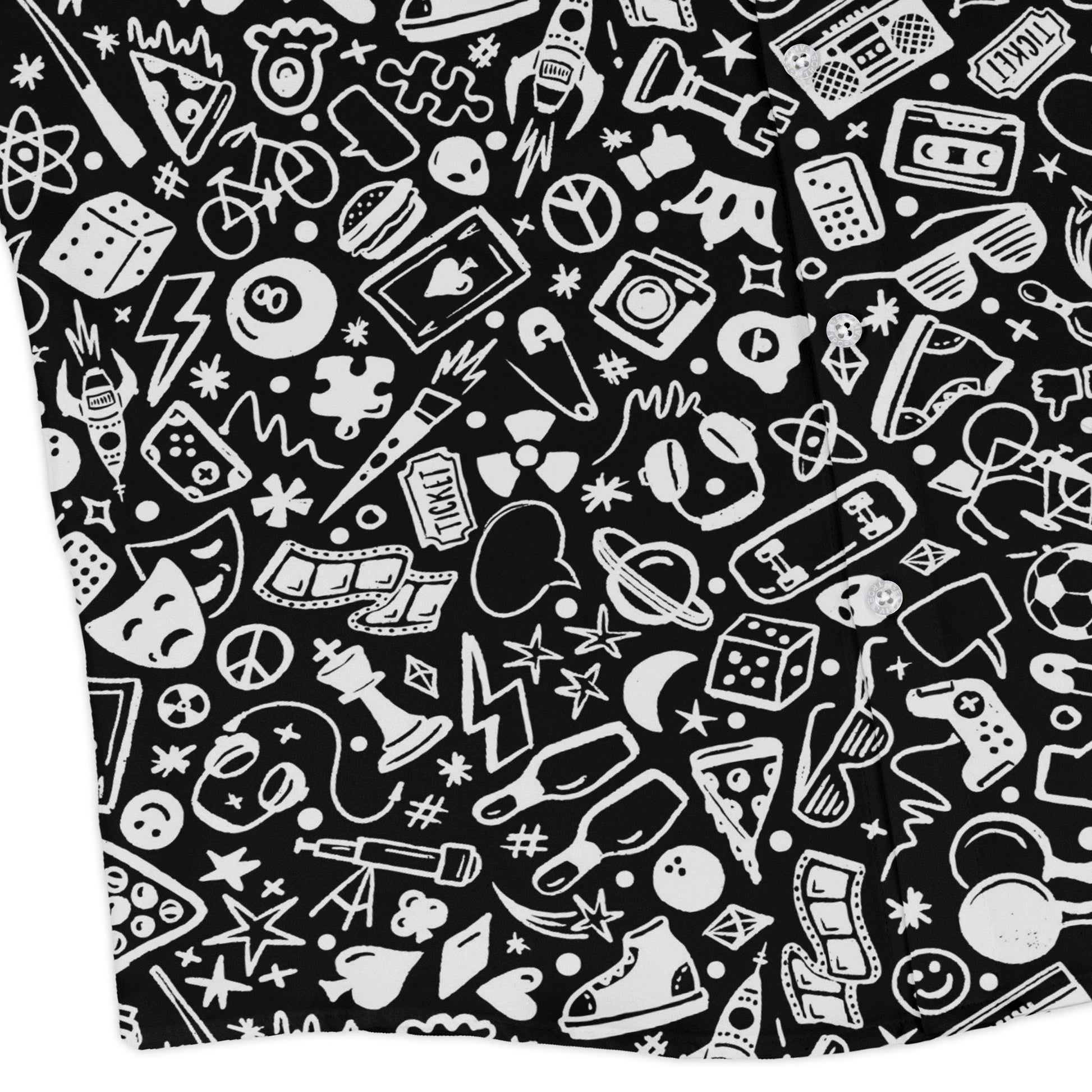 Nerdy Doodles Black Long Sleeve Button Up Shirt Geek Nerd adult sizing board game print Design by Zirkus Design