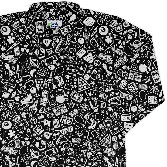 Nerdy Doodles Black Long Sleeve Button Up Shirt Geek Nerd adult sizing board game print Design by Zirkus Design
