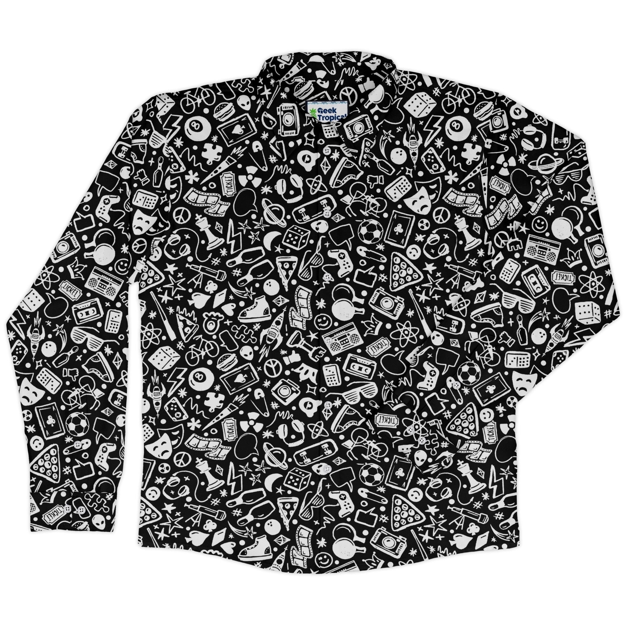 Nerdy Doodles Black Long Sleeve Button Up Shirt Geek Nerd adult sizing board game print Design by Zirkus Design
