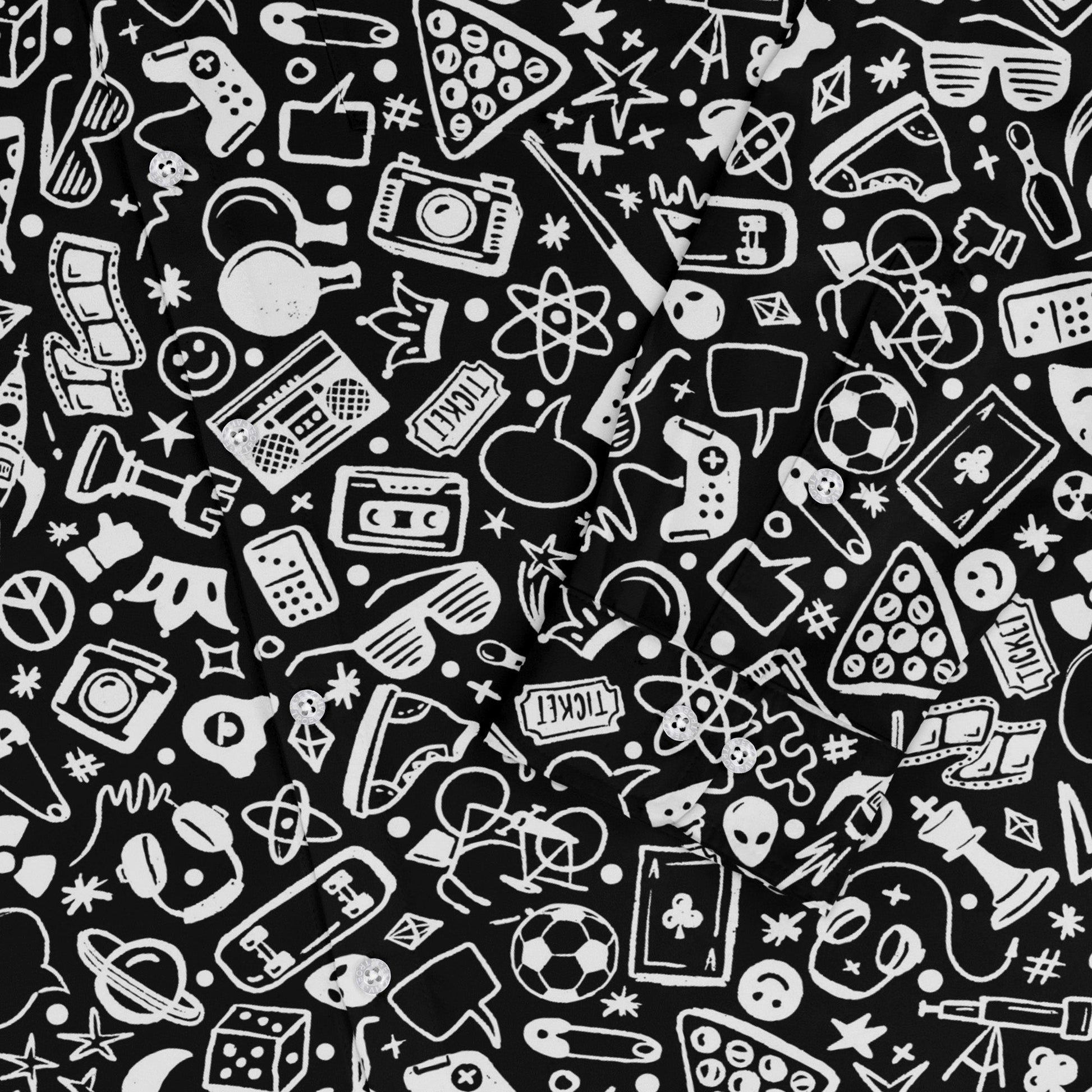 Nerdy Doodles Black Long Sleeve Button Up Shirt Geek Nerd adult sizing board game print Design by Zirkus Design