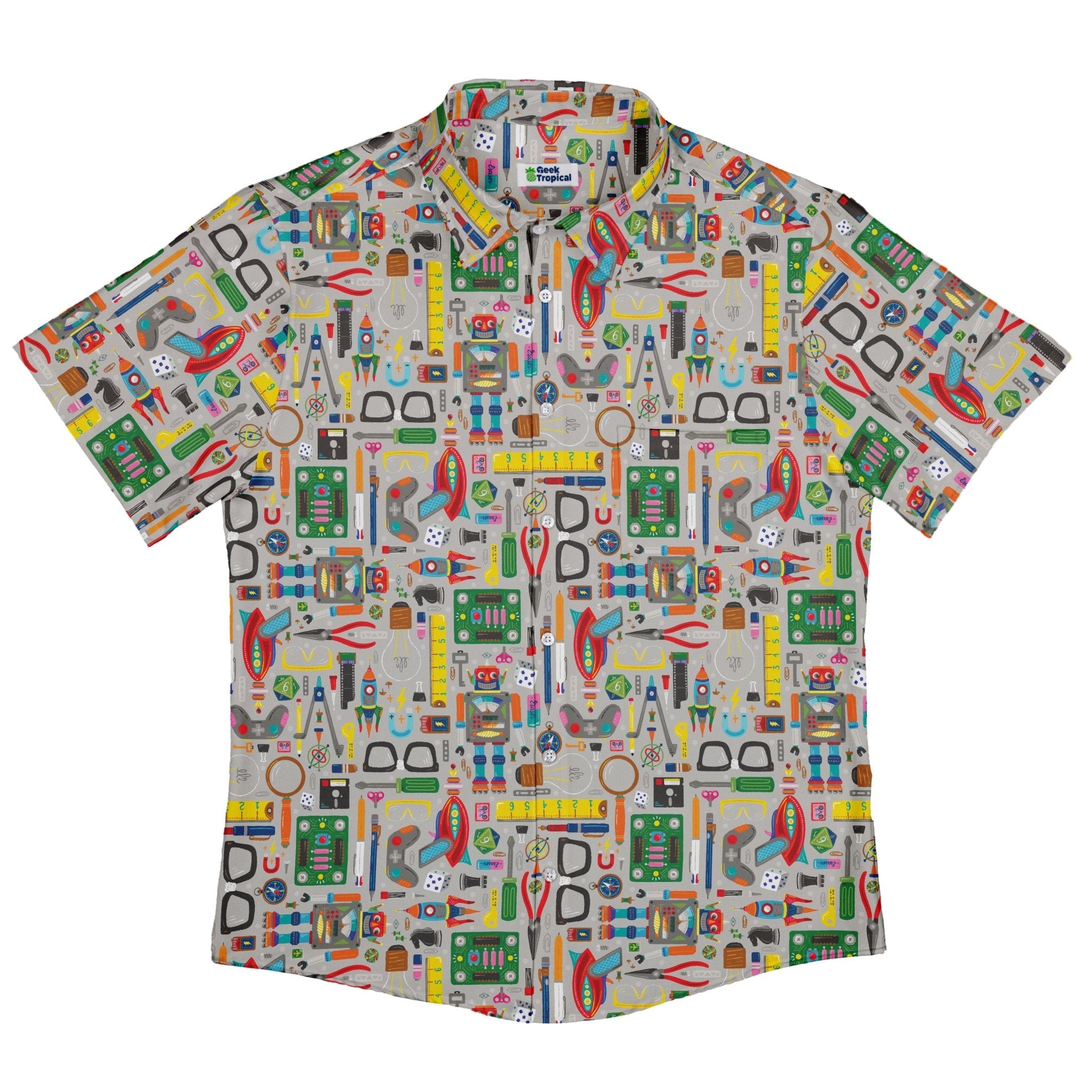 Nerdy Toys Button Up Shirt Geek Nerd adult sizing board game print Design by Zirkus Design