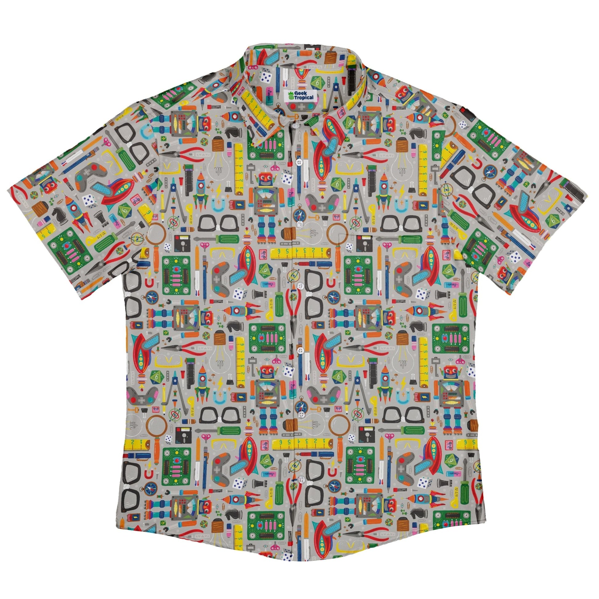 Nerdy Toys Button Up Shirt Geek Nerd adult sizing board game print Design by Zirkus Design