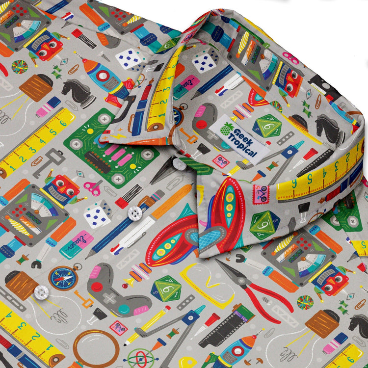 Nerdy Toys Button Up Shirt Geek Nerd adult sizing board game print Design by Zirkus Design