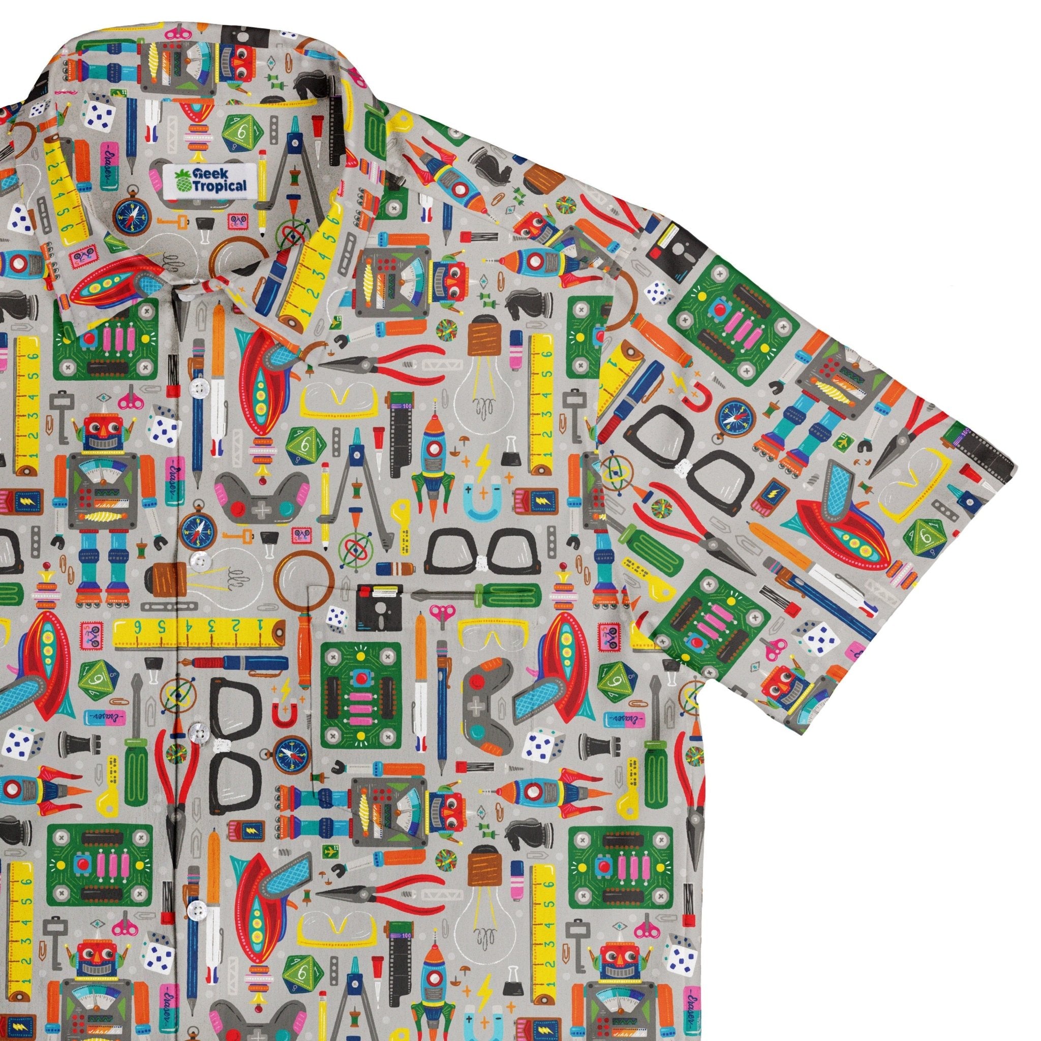 Nerdy Toys Button Up Shirt Geek Nerd adult sizing board game print Design by Zirkus Design