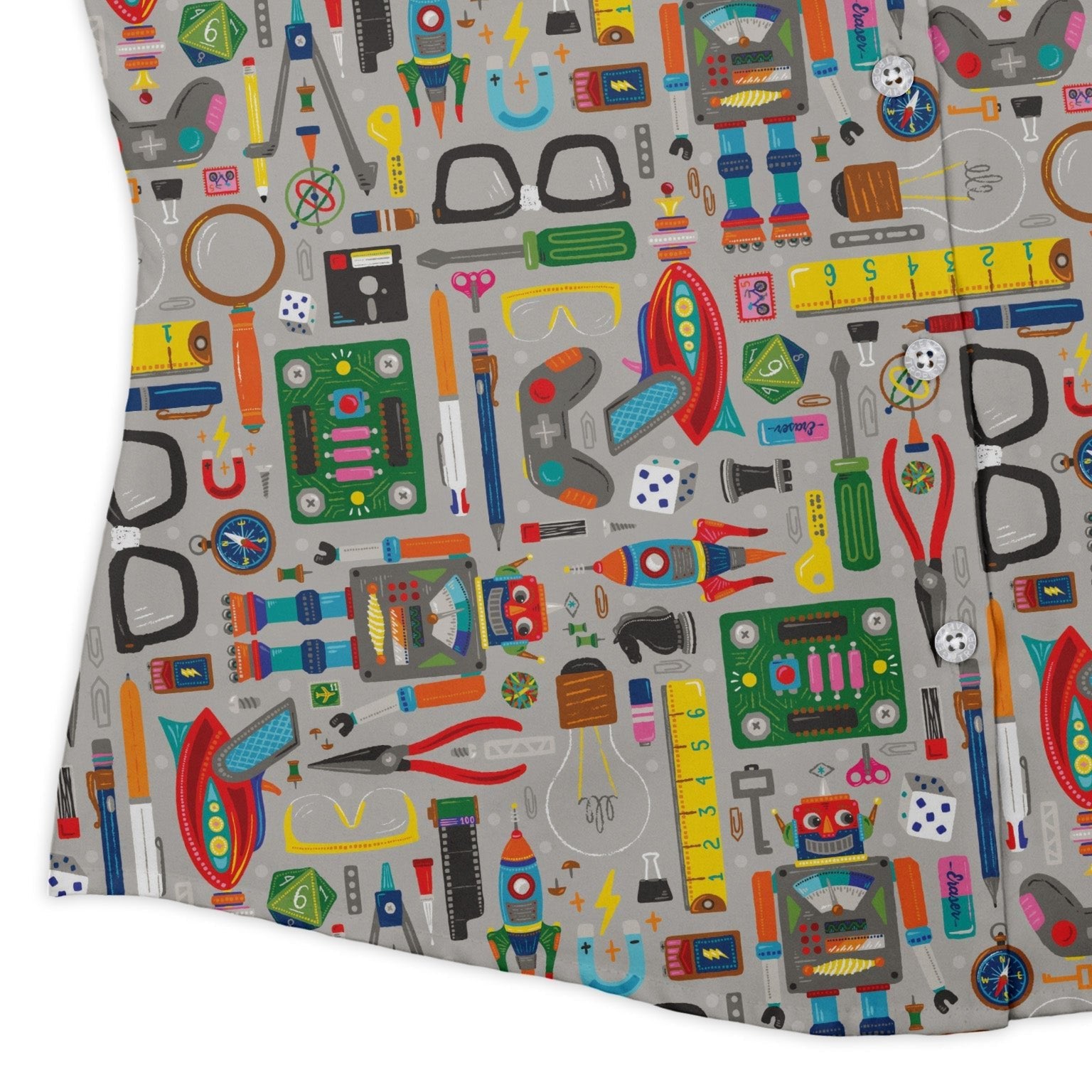 Nerdy Toys Curvy Button Up Shirt Geek Nerd board game print Design by Zirkus Design dnd & rpg print