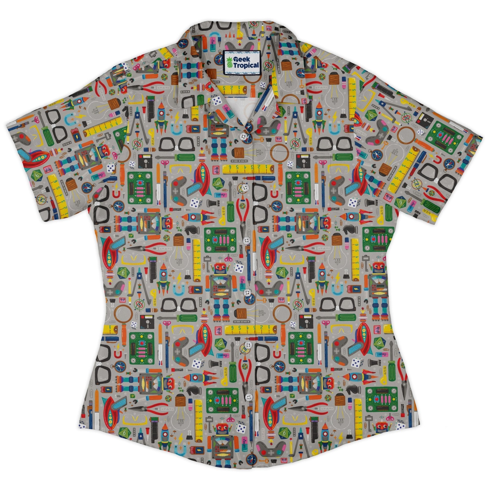 Nerdy Toys Curvy Button Up Shirt Geek Nerd board game print Design by Zirkus Design dnd & rpg print