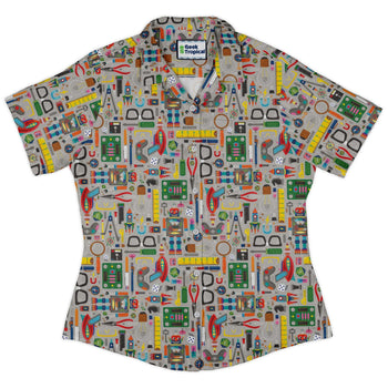 Nerdy Toys Curvy Button Up Shirt Geek Nerd board game print Design by Zirkus Design dnd & rpg print