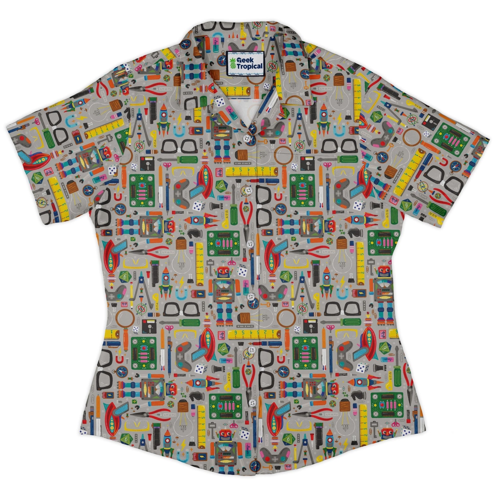 Nerdy Toys Curvy Button Up Shirt Geek Nerd board game print Design by Zirkus Design dnd & rpg print