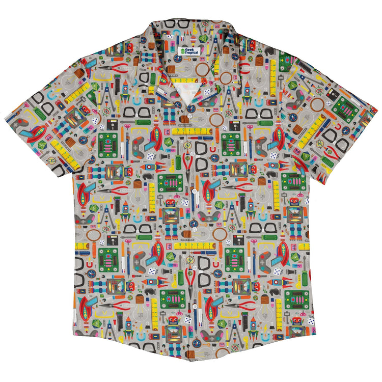 Nerdy Toys Button Up Shirt Geek Nerd adult sizing board game print Design by Zirkus Design