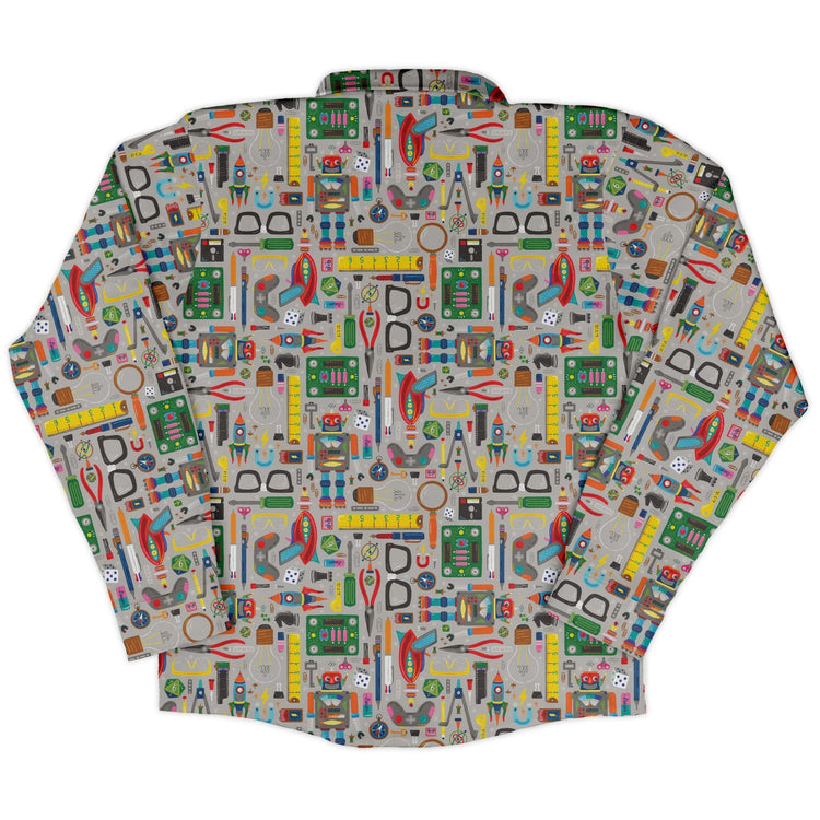 Nerdy Toys Long Sleeve Button Up Shirt Geek Nerd adult sizing board game print Design by Zirkus Design
