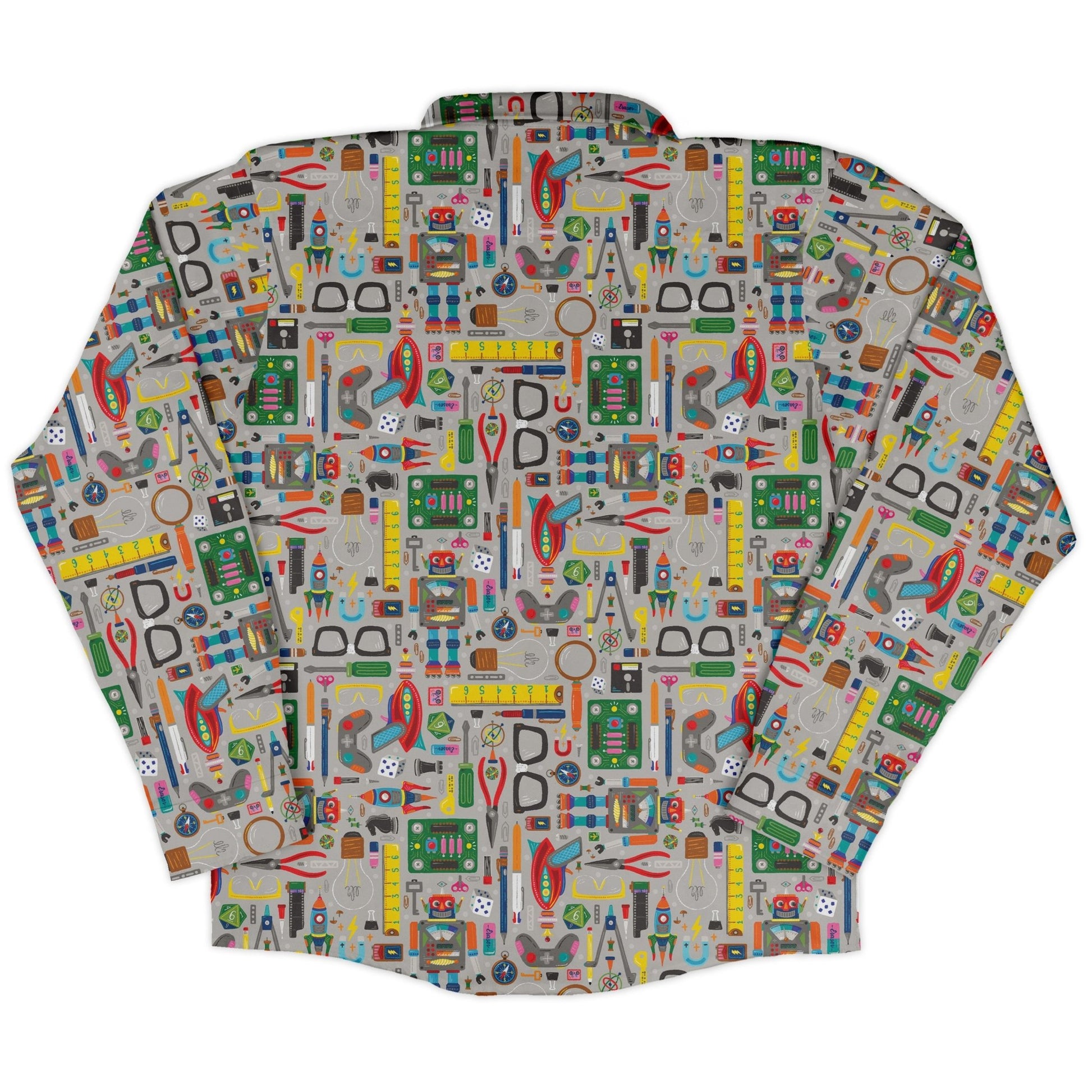 Nerdy Toys Long Sleeve Button Up Shirt Geek Nerd adult sizing board game print Design by Zirkus Design