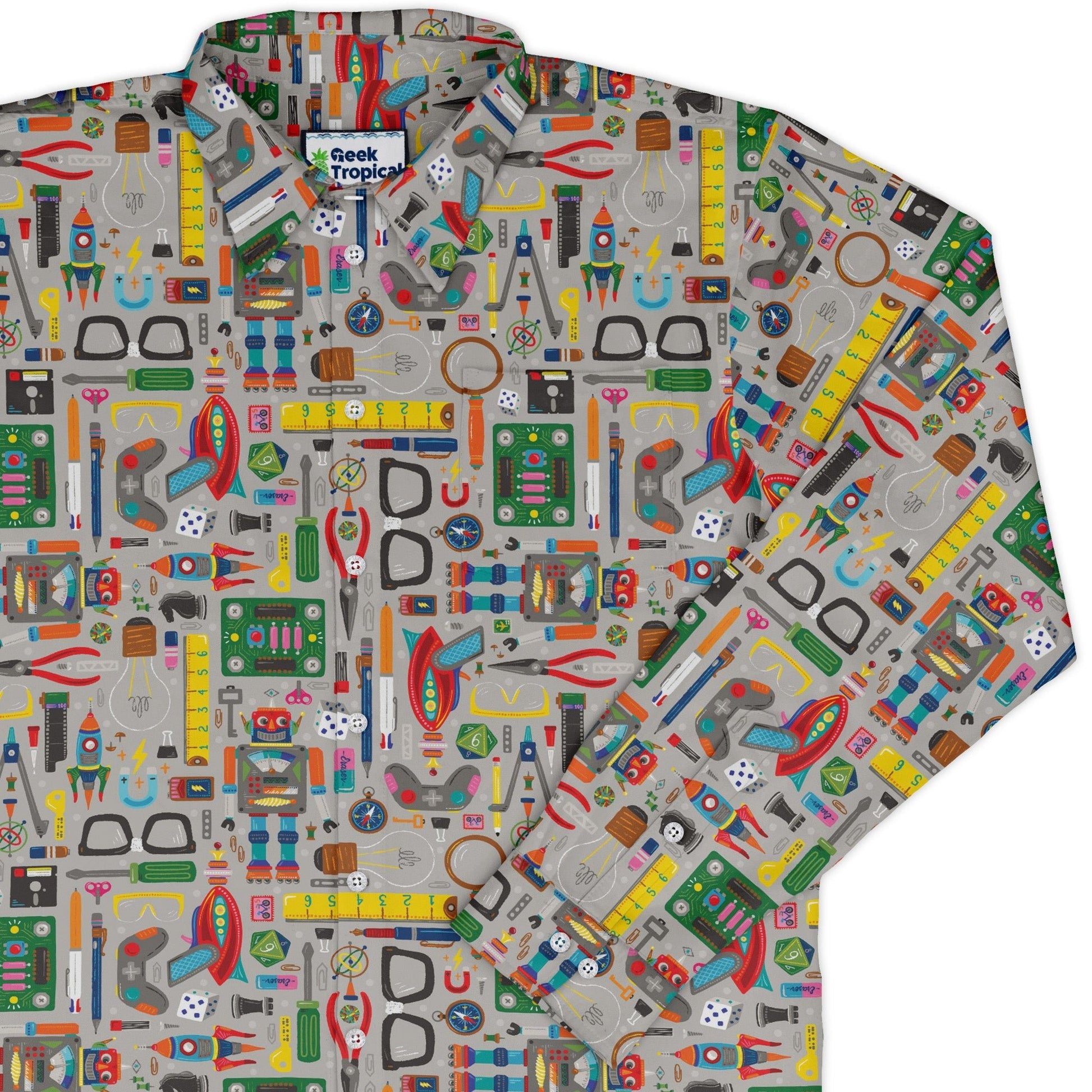 Nerdy Toys Long Sleeve Button Up Shirt Geek Nerd adult sizing board game print Design by Zirkus Design
