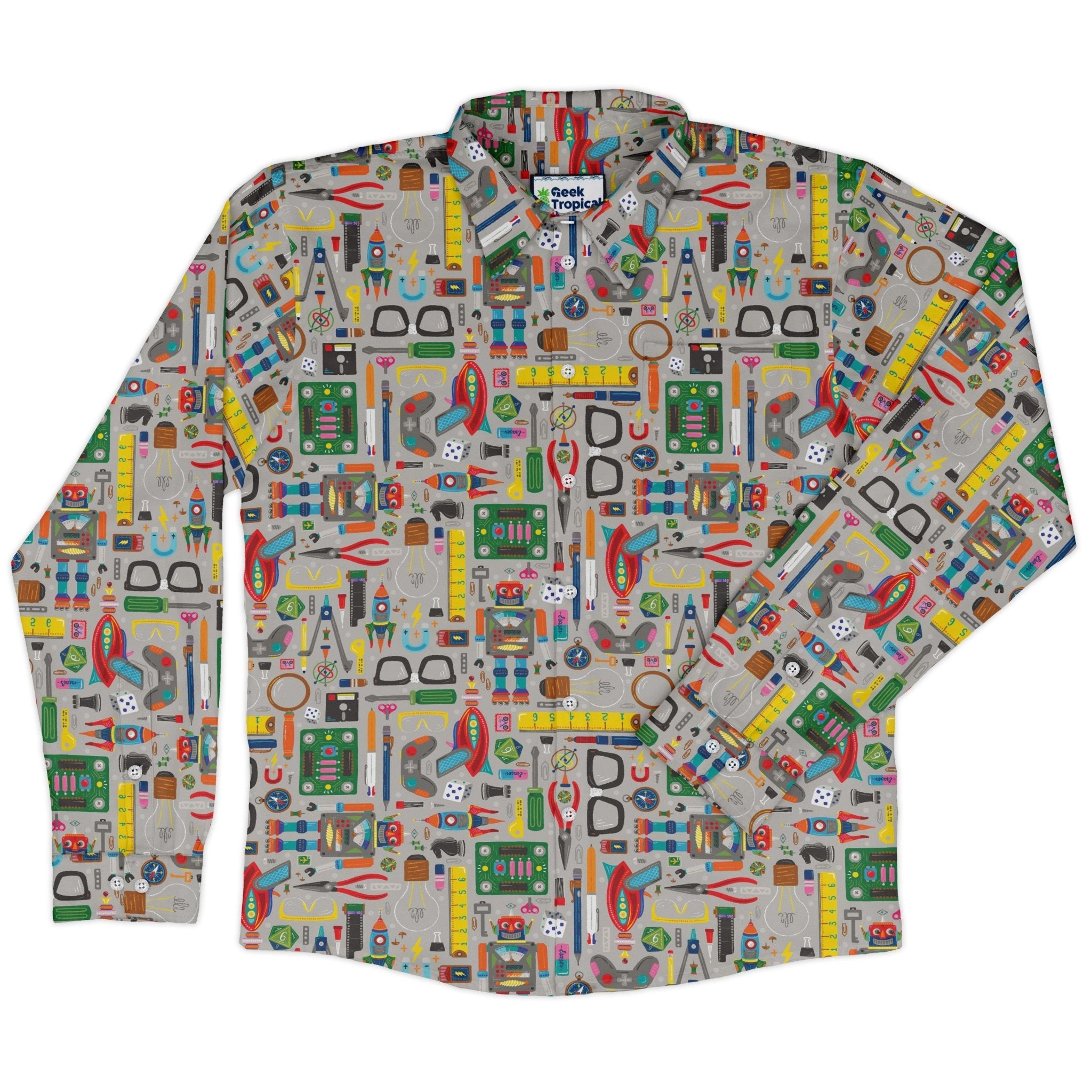 Nerdy Toys Long Sleeve Button Up Shirt Geek Nerd adult sizing board game print Design by Zirkus Design
