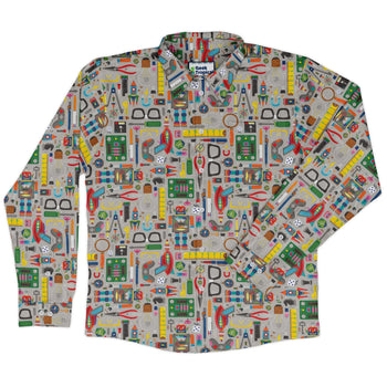 Nerdy Toys Long Sleeve Button Up Shirt Geek Nerd adult sizing board game print Design by Zirkus Design