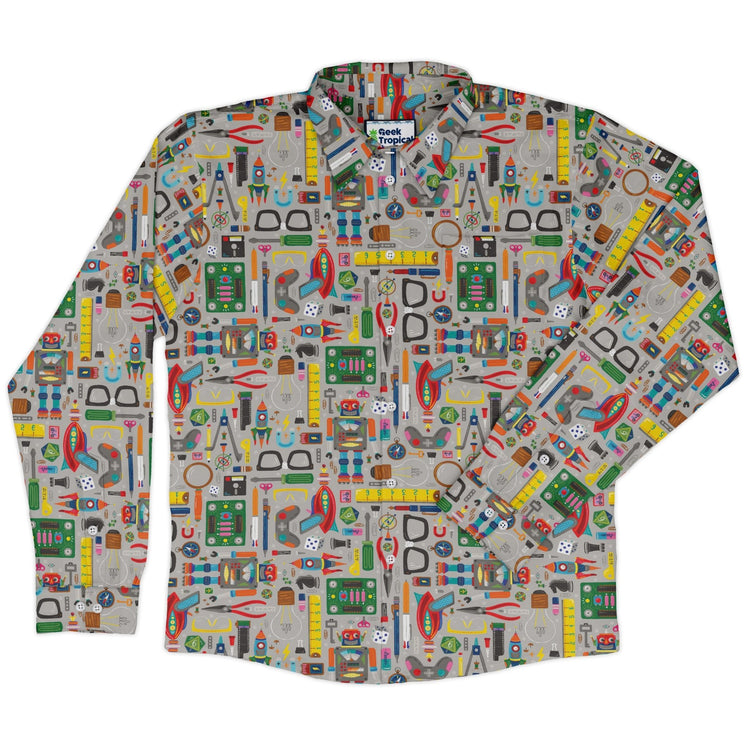 Nerdy Toys Long Sleeve Button Up Shirt Geek Nerd adult sizing board game print Design by Zirkus Design