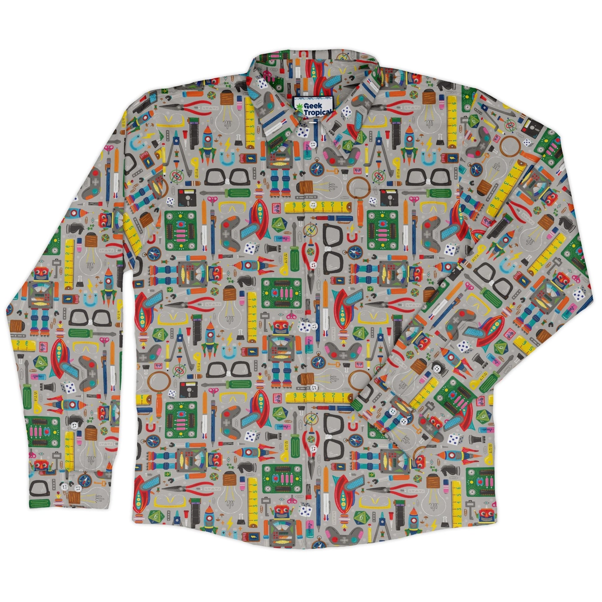 Nerdy Toys Long Sleeve Button Up Shirt Geek Nerd adult sizing board game print Design by Zirkus Design