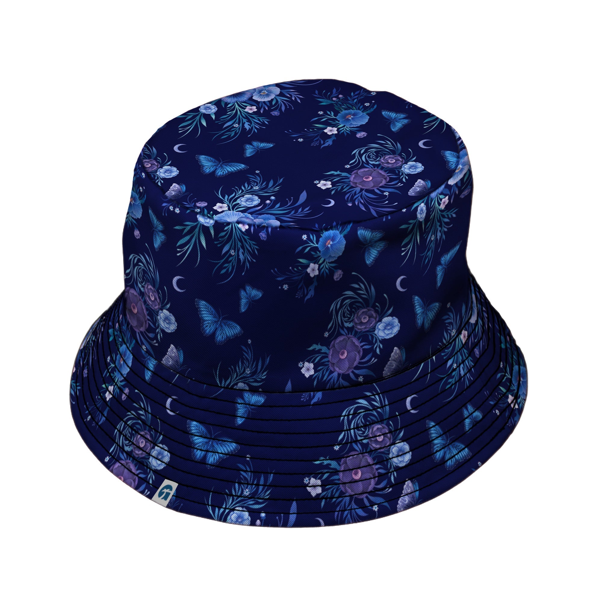 Nocturne Blue Blooms Bucket Hat Black Stitching