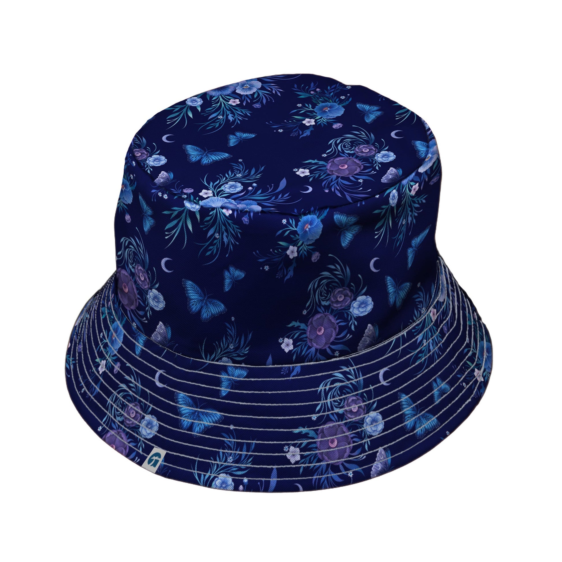 Nocturne Blue Blooms Bucket Hat Gray Stitching