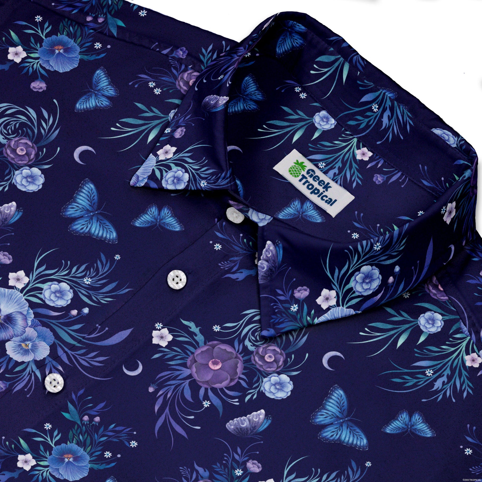 Nocturne Blue Blooms Button Up Shirt Neck