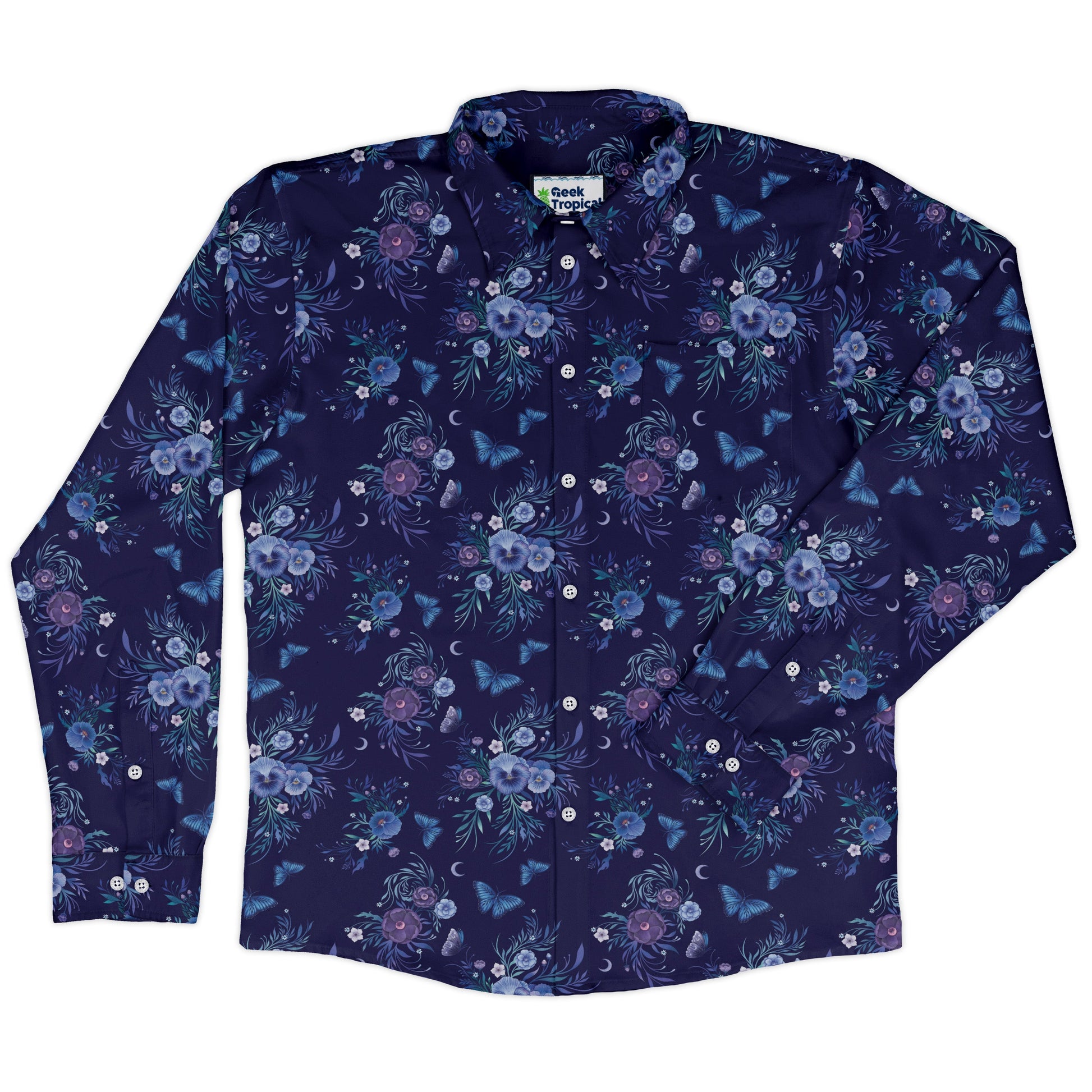 Nocturne Blue Blooms Long Sleeve Button Up Shirt front