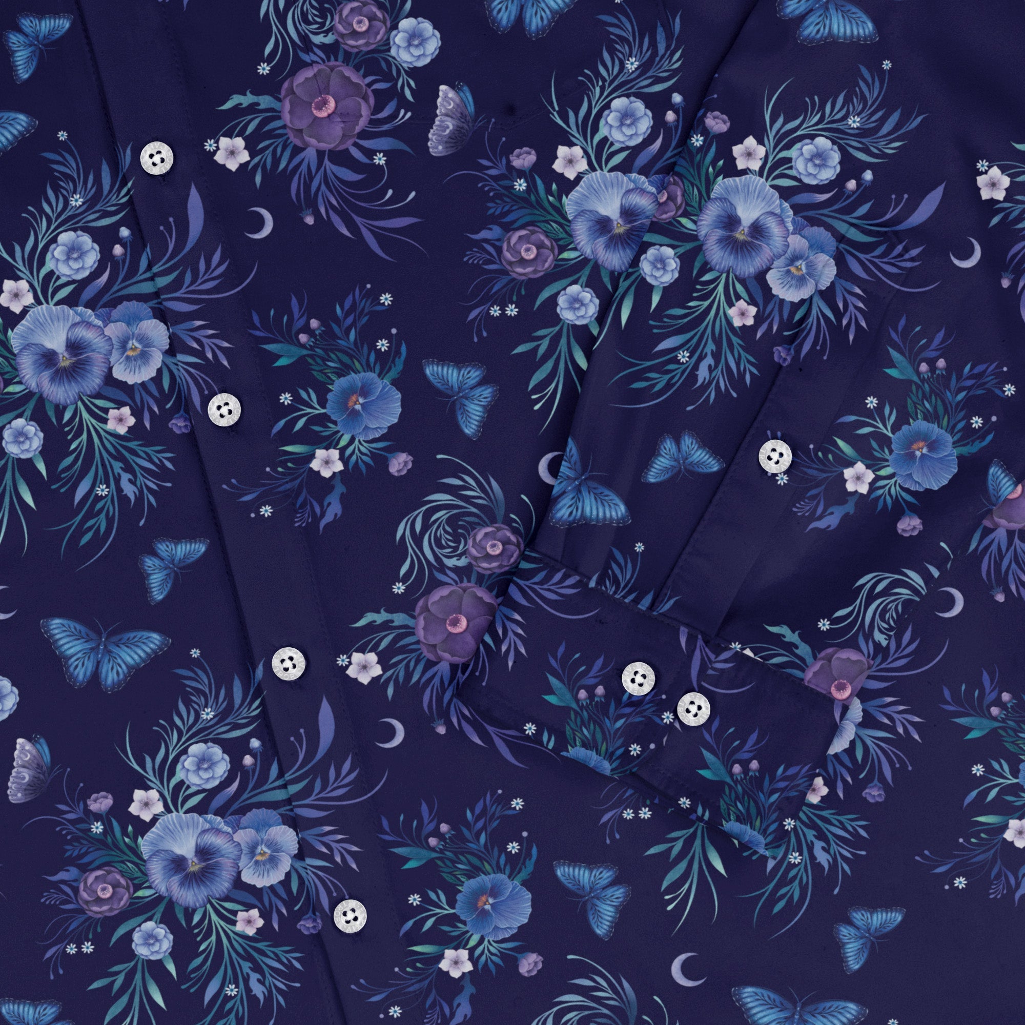 Nocturne Blue Blooms Long Sleeve Button Up Shirt sleeve close
