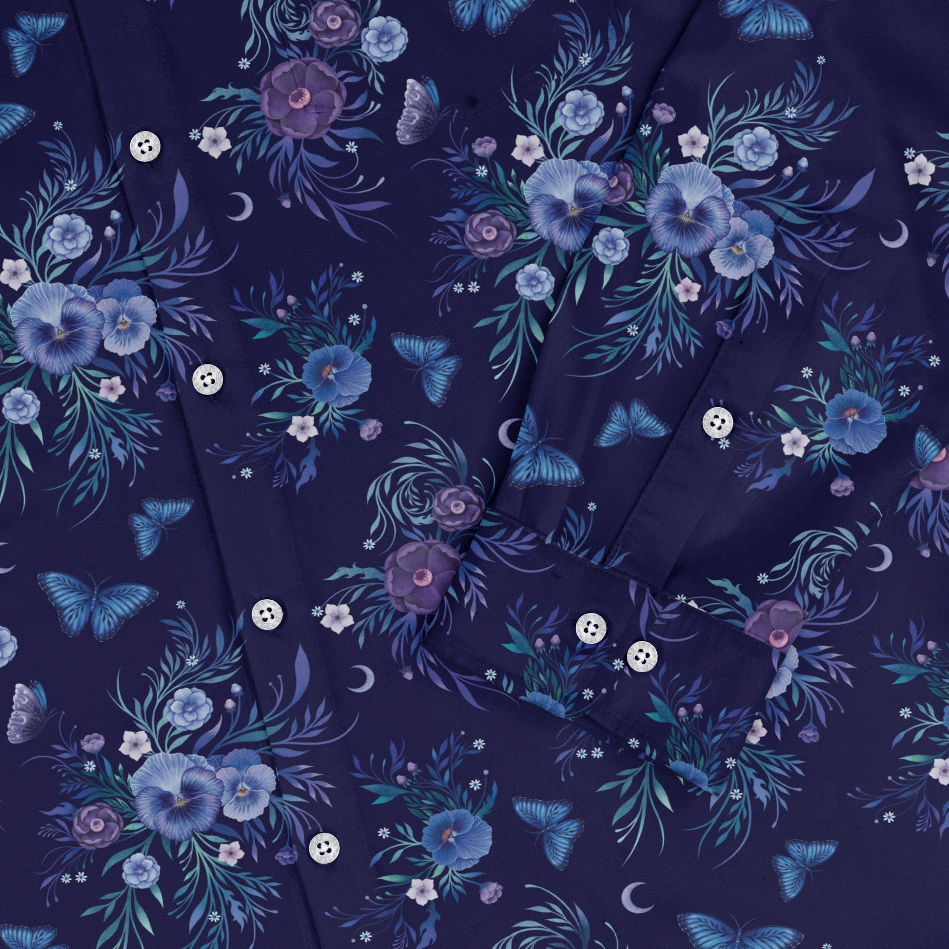 Nocturne Blue Blooms Long Sleeve Button Up Shirt sleeve close