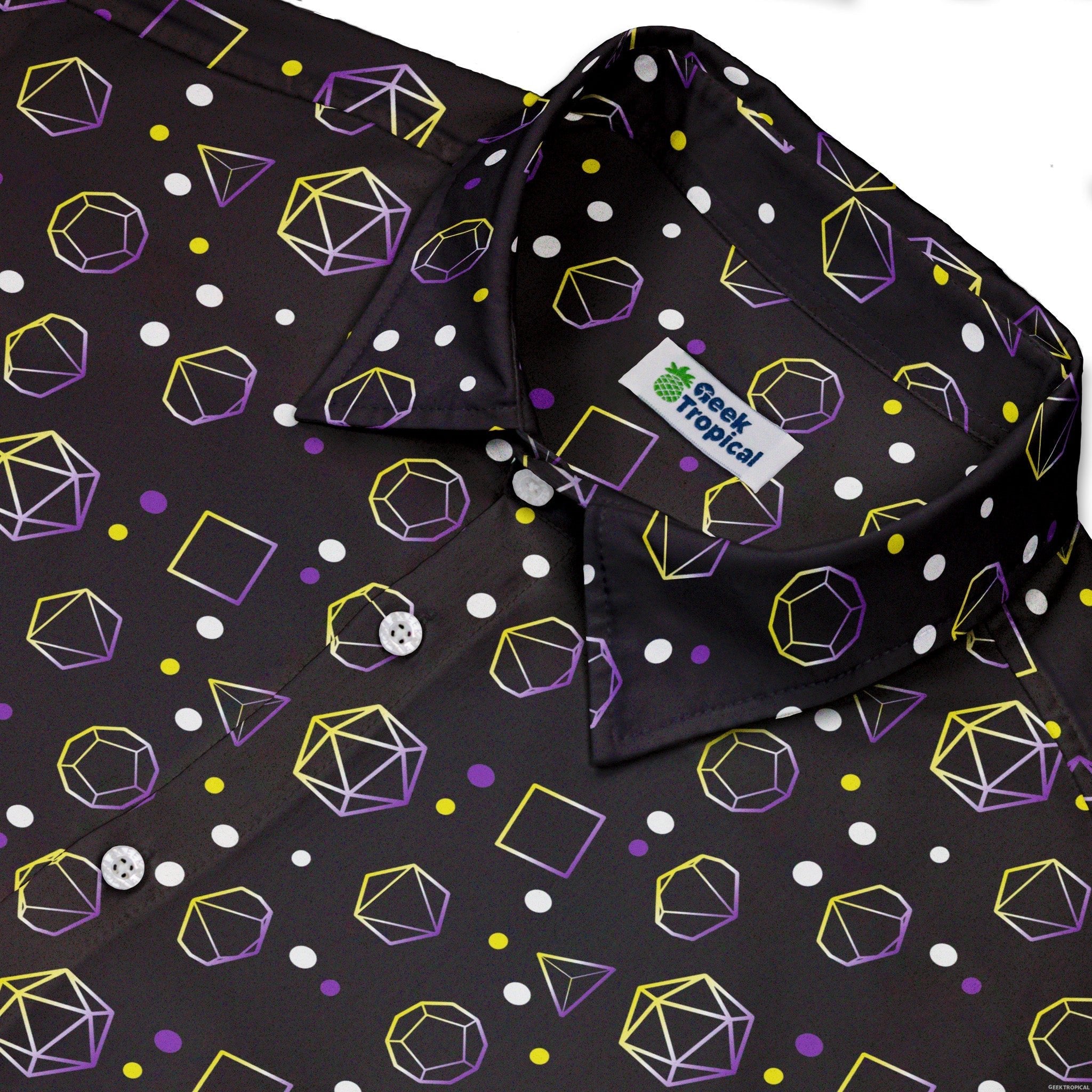 Nonbinary Pride Flag DND Dice Button Up Shirt - adult sizing - Design by Heather Davenport - dnd & rpg print