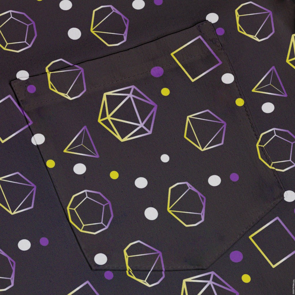 Nonbinary Pride Flag DND Dice Button Up Shirt - adult sizing - Design by Heather Davenport - dnd & rpg print