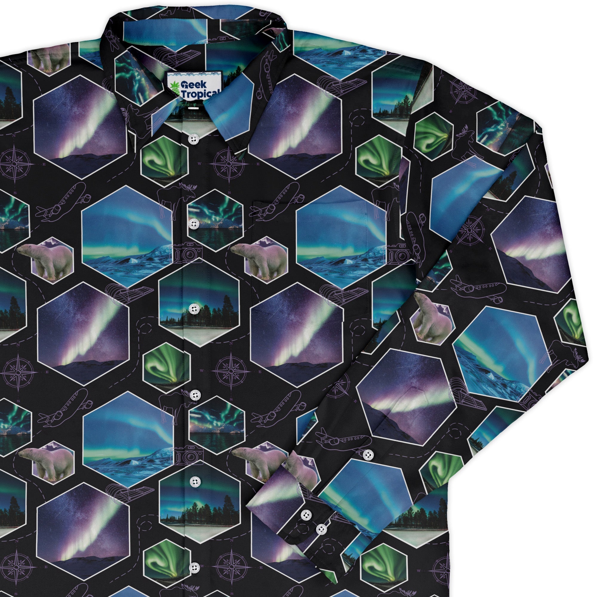 Northern Lights Wonder Long Sleeve Button Up Shirt Geek Nerd 0925 adult sizing All Adult Button Up Shirts