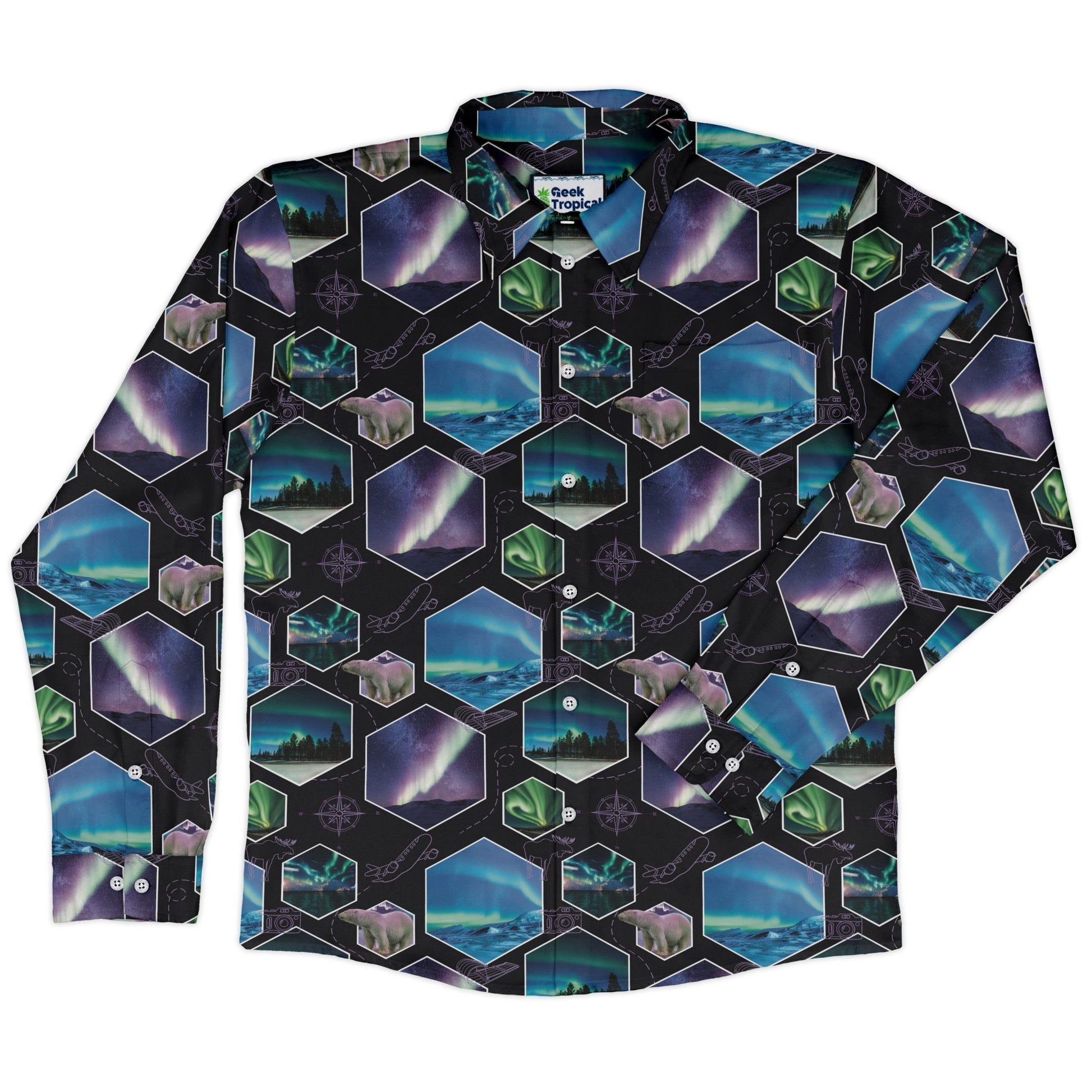 Northern Lights Wonder Long Sleeve Button Up Shirt Geek Nerd 0925 adult sizing All Adult Button Up Shirts