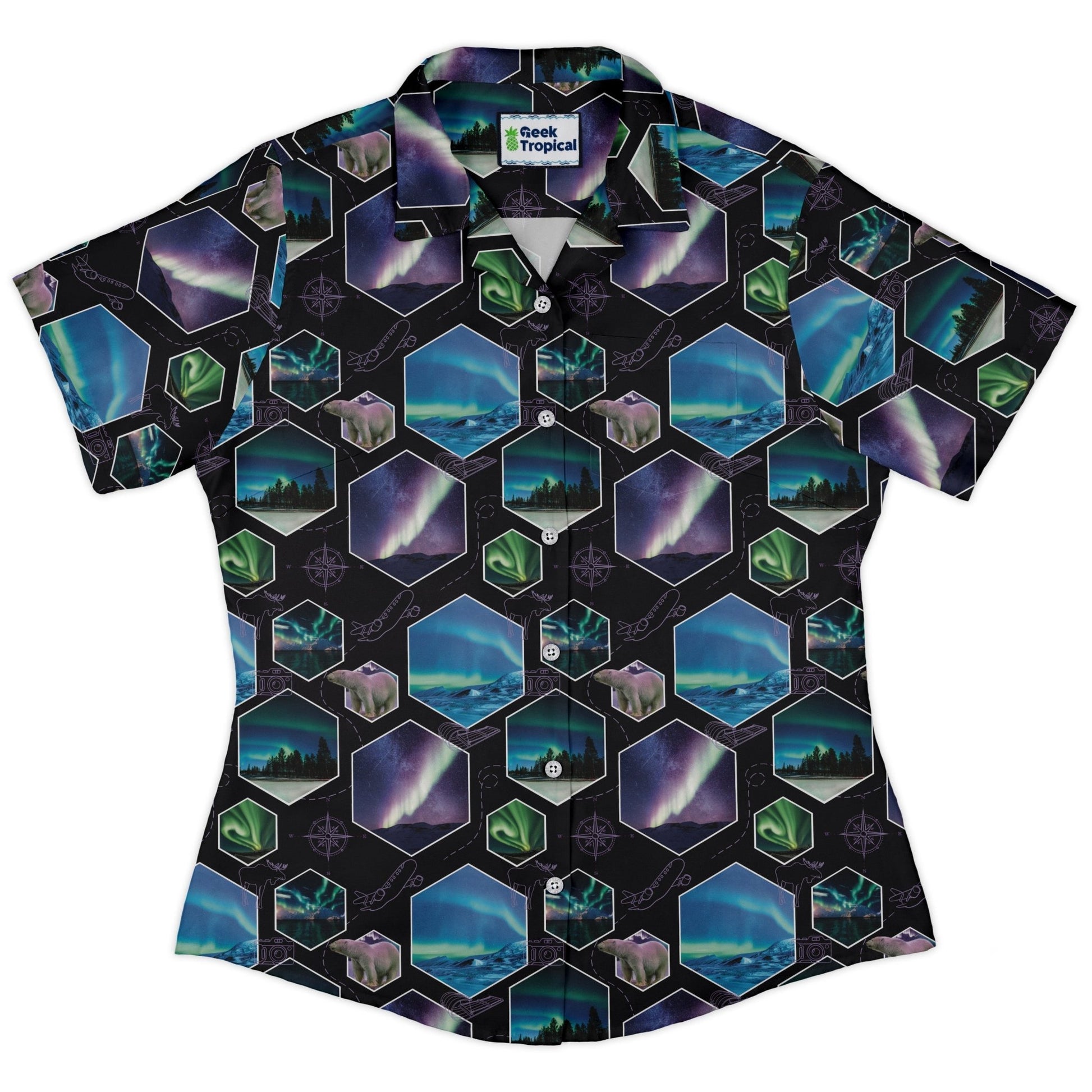 Northern Lights Wonder Curvy Button Up Shirt Geek Nerd 0925 All Adult Button Up Shirts Designs by Nathan