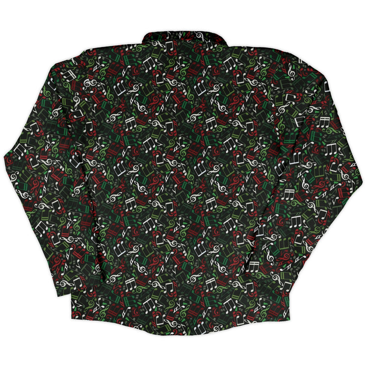 O Christmas Tree Music Notes Long Sleeve Button Up Shirt Geek Nerd adult sizing Christmas Print FLOW DESC WRITING