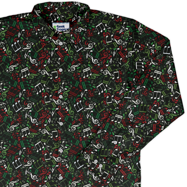 O Christmas Tree Music Notes Long Sleeve Button Up Shirt Geek Nerd adult sizing Christmas Print FLOW DESC WRITING