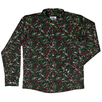 O Christmas Tree Music Notes Long Sleeve Button Up Shirt Geek Nerd adult sizing Christmas Print FLOW DESC WRITING