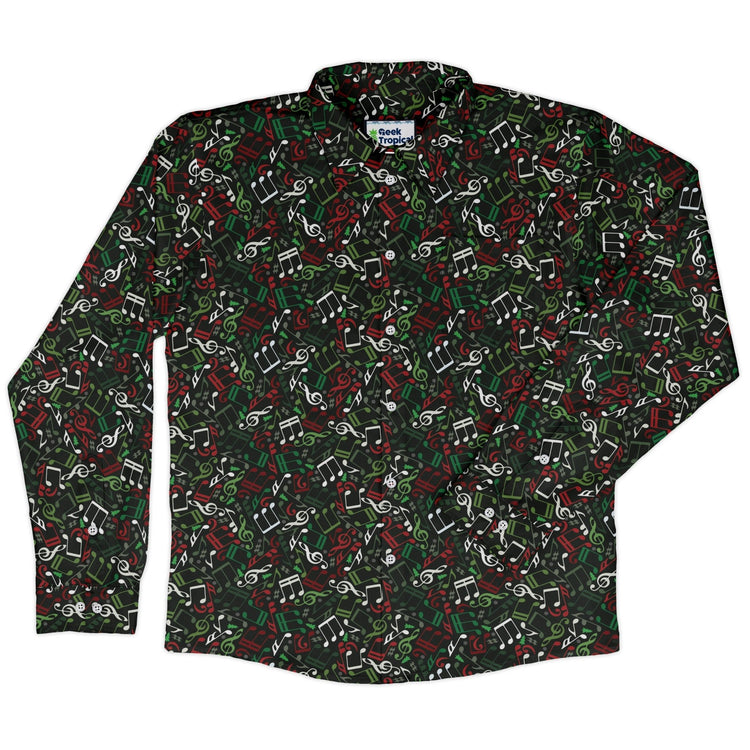 O Christmas Tree Music Notes Long Sleeve Button Up Shirt Geek Nerd adult sizing Christmas Print FLOW DESC WRITING