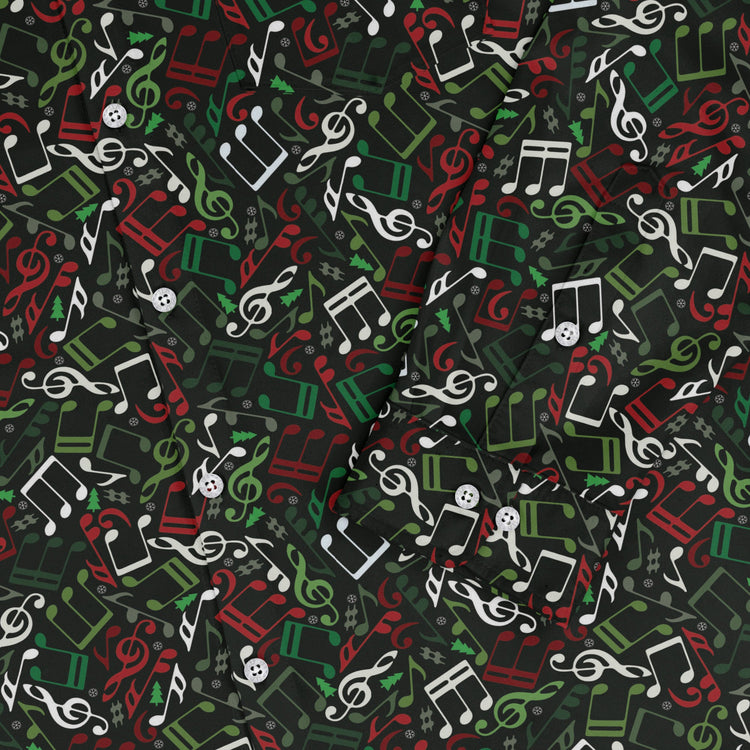 O Christmas Tree Music Notes Long Sleeve Button Up Shirt Geek Nerd adult sizing Christmas Print FLOW DESC WRITING